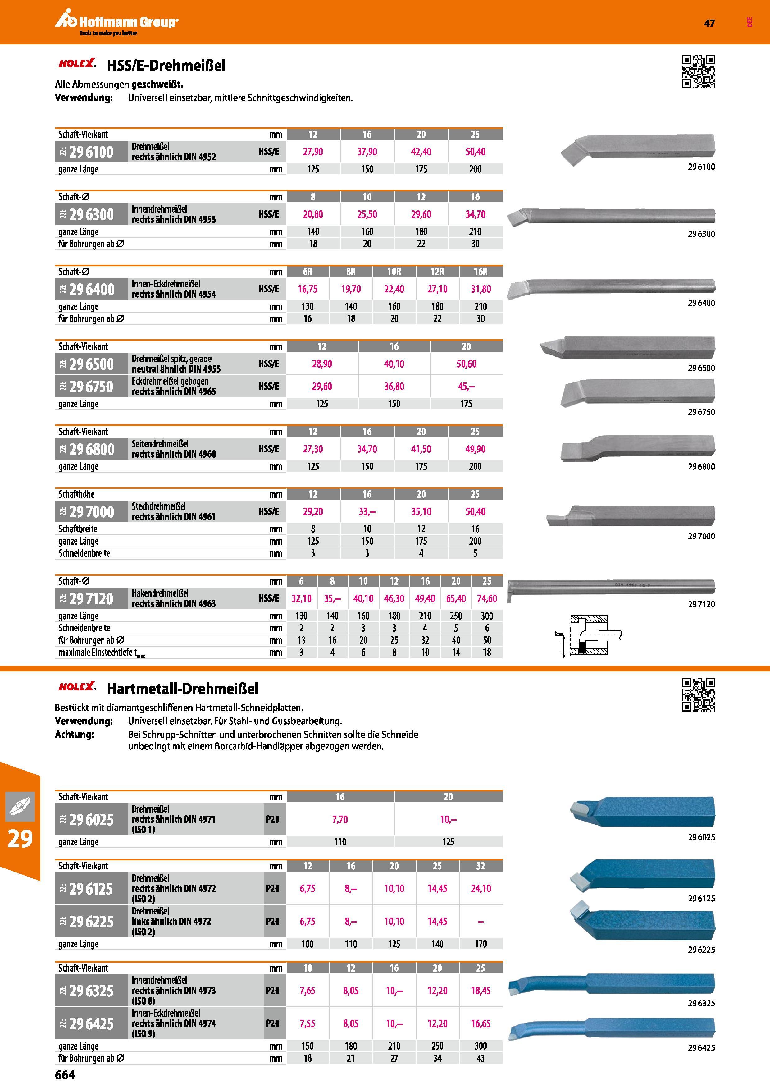 664 HSS/E-Drehmeißel Alle Abmessungen geschweißt Verwendung Universell einsetzbar, mittlere Schnittgeschwindigkeiten Schaft-Vierkant mm 12 I 16 I 20 Каталог HOFFMANN GROUP 2016 Режущий инструмент и инструментальная оснастка для металлообрабатывающего промышленного оборудования 47 версия издания Стр. 664 DEU