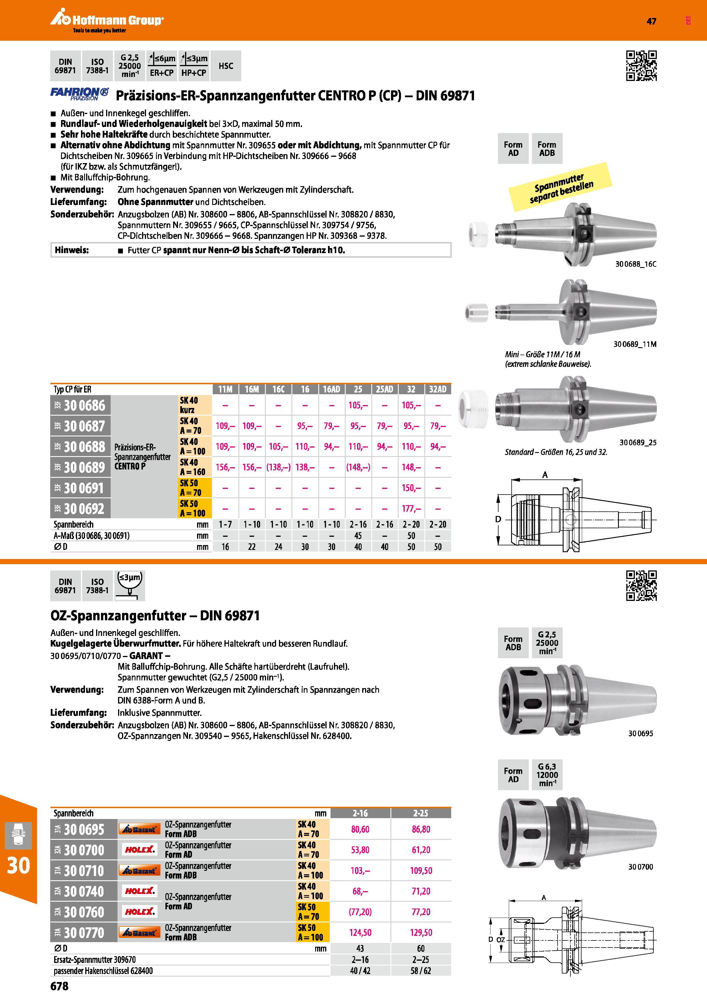 678 Präzisions-ER-Spannzangenfutter CENTRO P (CP) DIN 69871 Außen- und Innenkegel geschliffen Rundlauf- und Wiederholgenauigkeit bei 3xD, maximal 50 Каталог HOFFMANN GROUP 2016 Режущий инструмент и инструментальная оснастка для металлообрабатывающего промышленного оборудования 47 версия издания Стр. 678 DEU