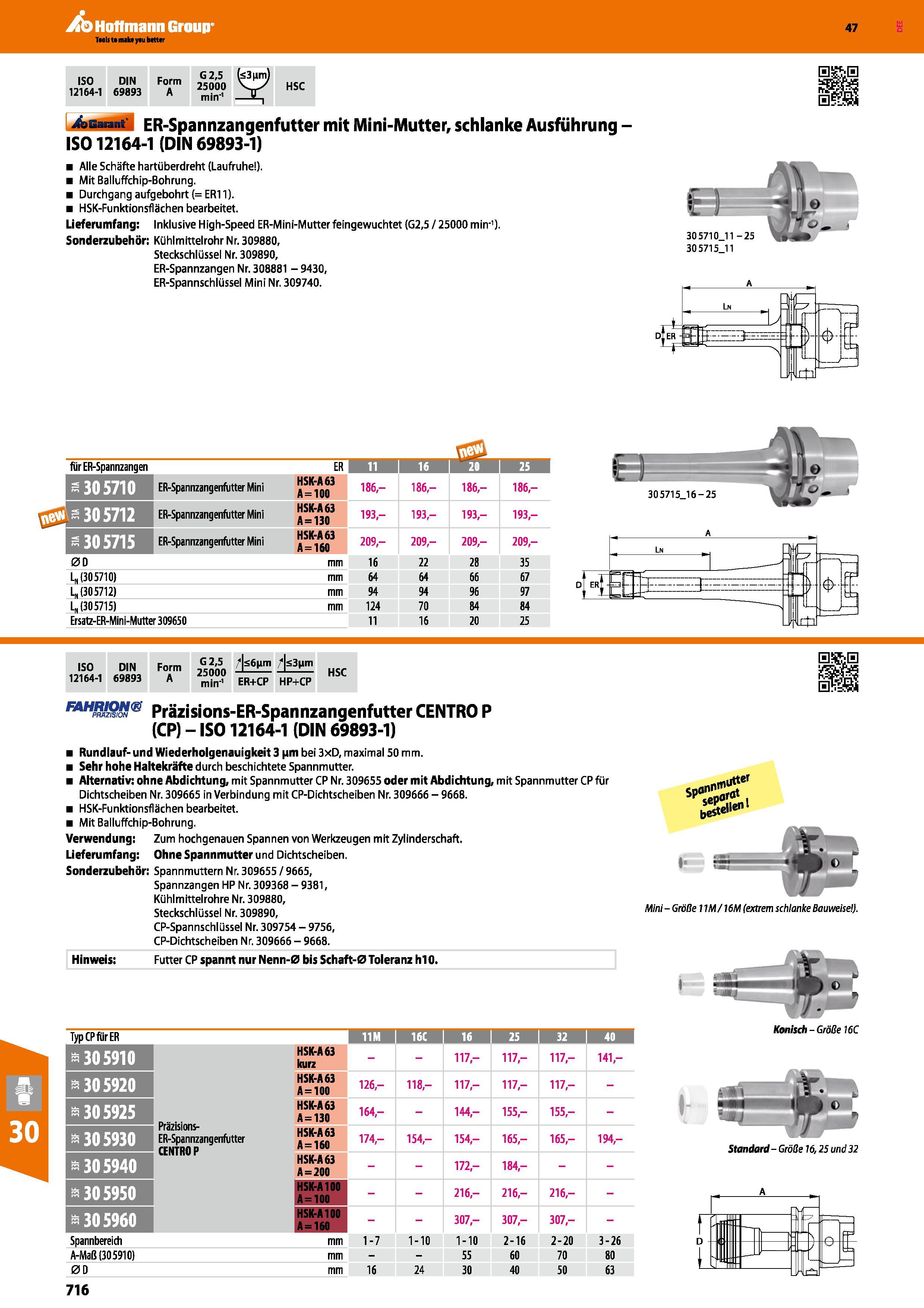 716 ER-Spannzangenfutter mit Mini-Mutter, schlanke Ausführung ISO 12164-1 (DIN 69893-1) Alle Schäfte hartüberdreht (Laufruhe ) Mit Balluffchip-Bohrun Каталог HOFFMANN GROUP 2016 Режущий инструмент и инструментальная оснастка для металлообрабатывающего промышленного оборудования 47 версия издания Стр. 716 DEU