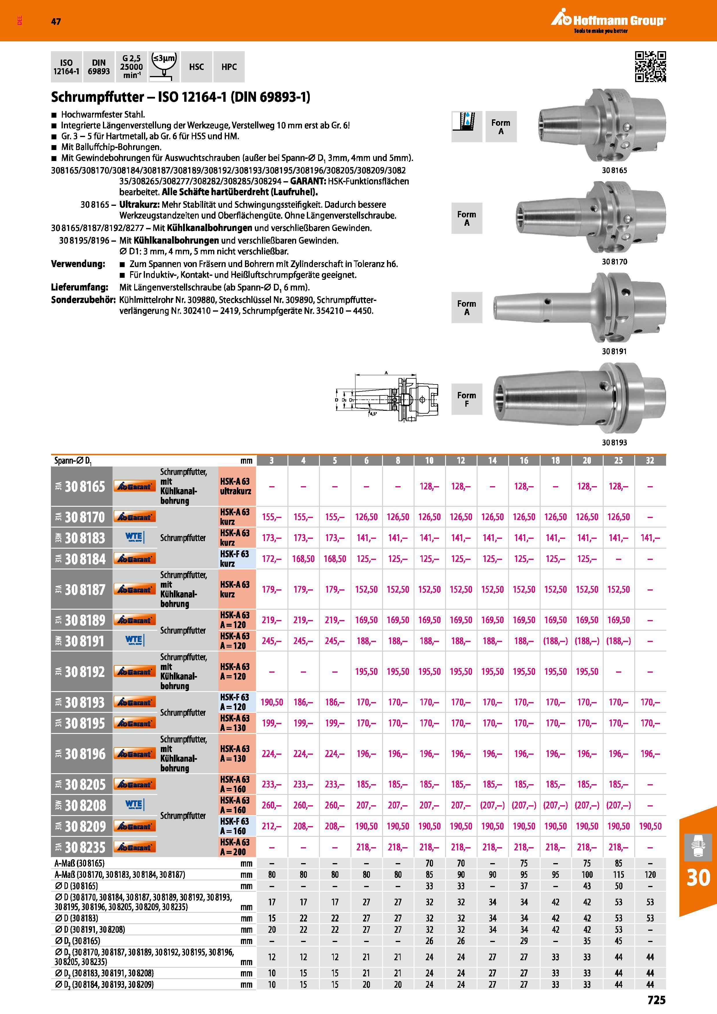 725 Schrumpffutter ISO 12164-1 (DIN 69893-1) Hochwarmfester Stahl Integrierte Längenverstellung der Werkzeuge, Verstellweg 10 mm erst ab Gr 6 Gr 3 5 Каталог HOFFMANN GROUP 2016 Режущий инструмент и инструментальная оснастка для металлообрабатывающего промышленного оборудования 47 версия издания Стр. 725 DEU