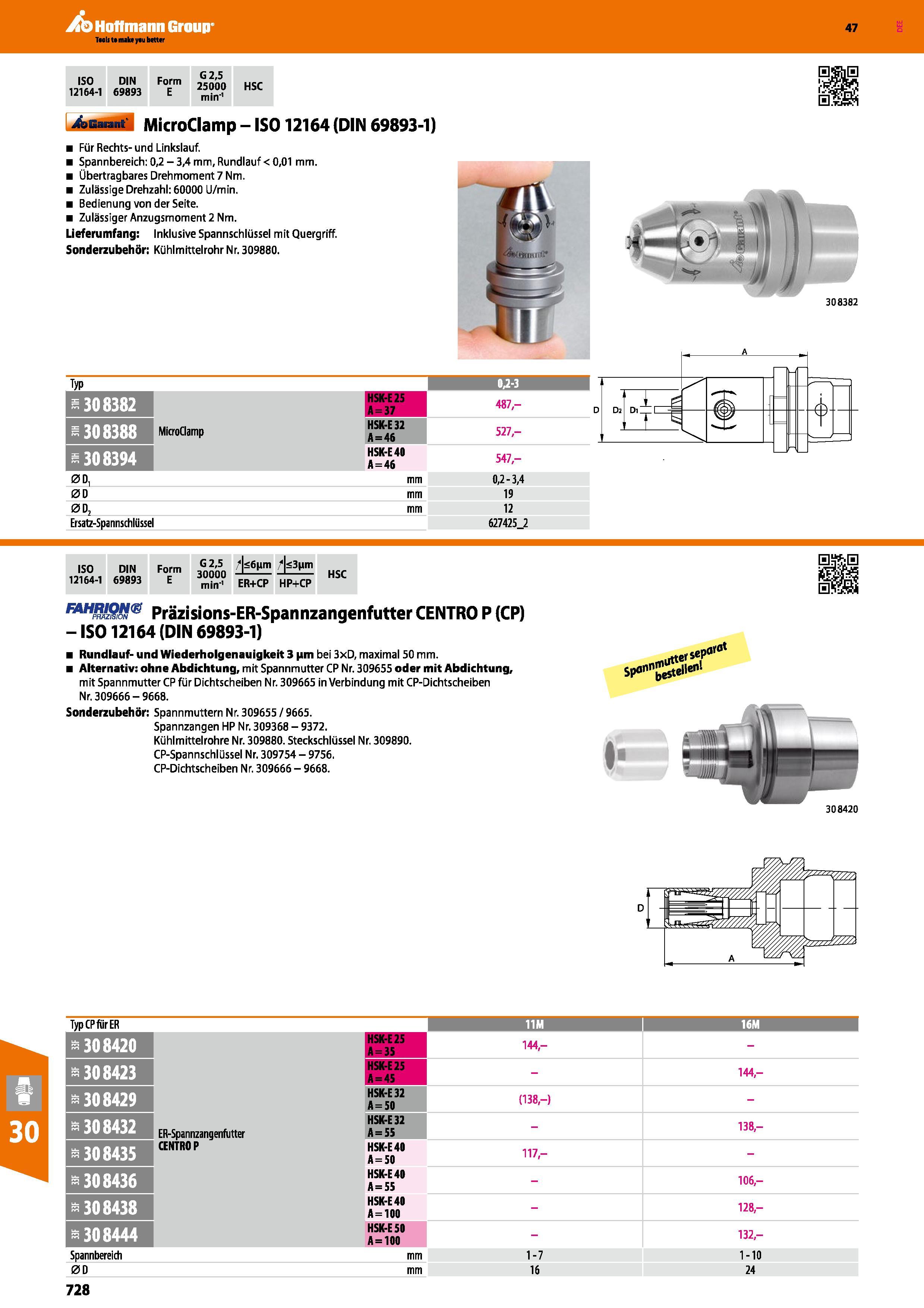 728 MicroClamp ISO 12164 (DIN 69893-1) Für Rechts- und Linkslauf Spannbereich 0,2 3,4 mm, Rundlauf < 0,01 mm Übertragbares Drehmoment 7 Nm Zulässige Каталог HOFFMANN GROUP 2016 Режущий инструмент и инструментальная оснастка для металлообрабатывающего промышленного оборудования 47 версия издания Стр. 728 DEU