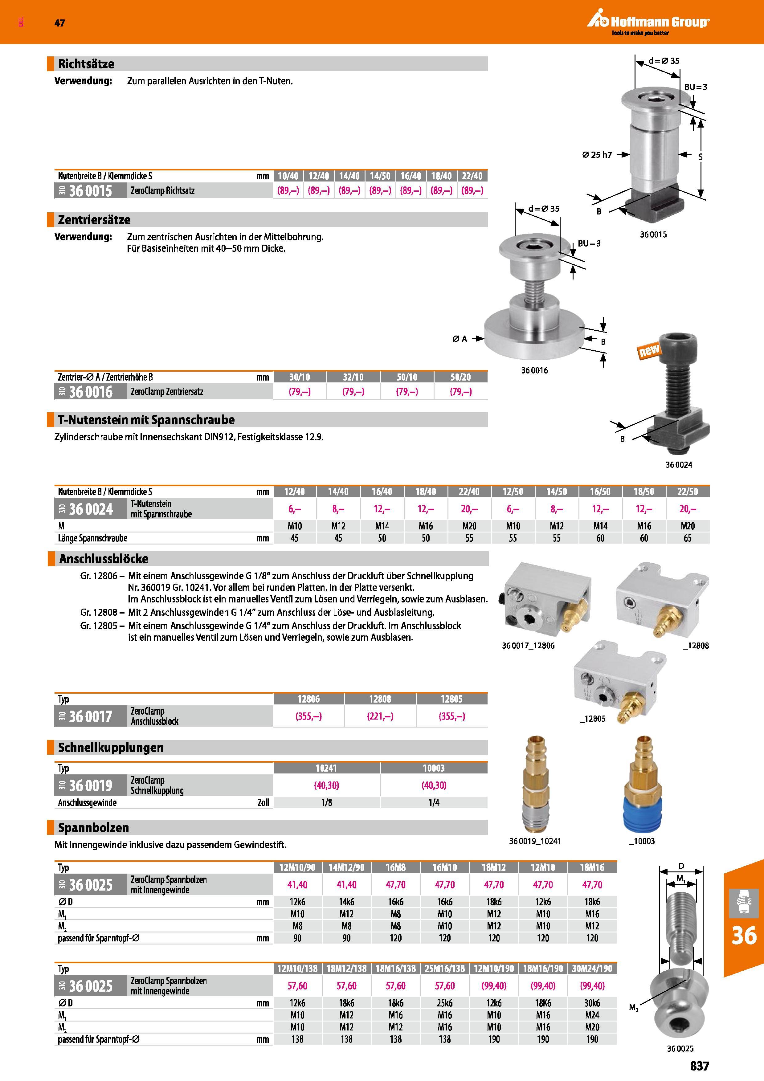 837 Richtsätze Verwendung; Zum parallelen Ausrichten In den T-Nuten Nutenbreite B / Klemmdicke S ZeroClamp Richtsatz 360015 (89,-) (89,-) (89,-) (89, Каталог HOFFMANN GROUP 2016 Режущий инструмент и инструментальная оснастка для металлообрабатывающего промышленного оборудования 47 версия издания Стр. 837 DEU