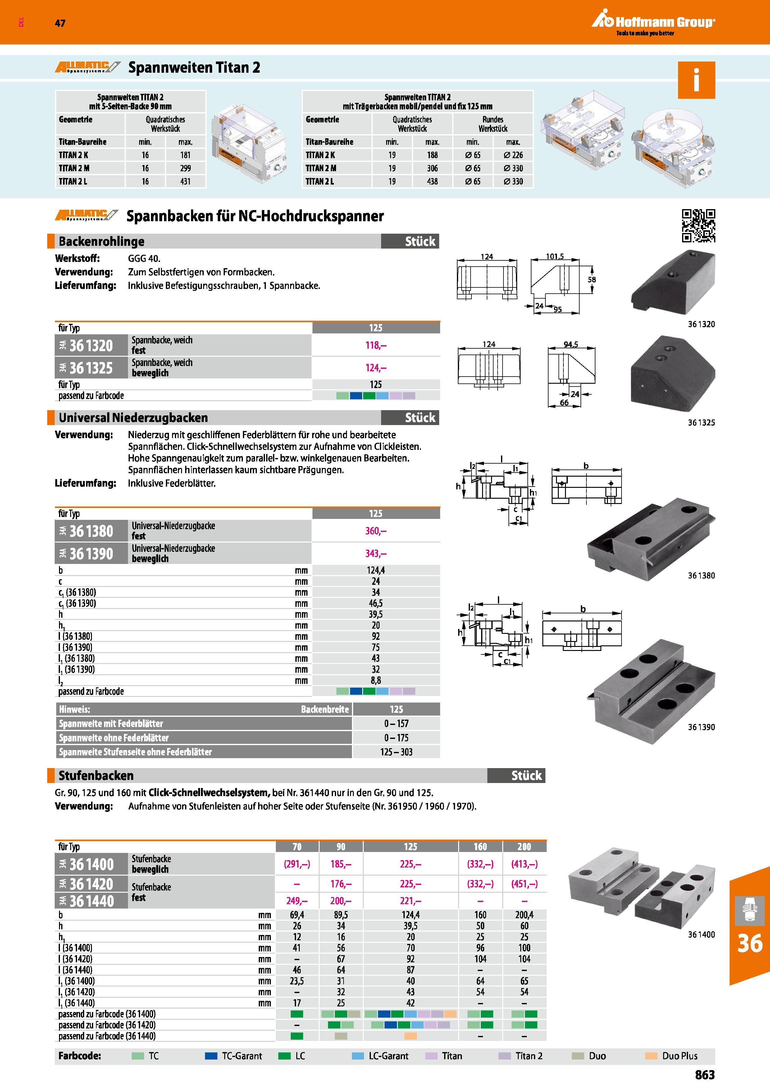 863 Spannweiten TITAN 2 mit Trägerbacken mobil/pendel und fix 125 mm Geometrie Quadratisches Werkstück Rundes Werkstück Titan-Baureihe min max min ma Каталог HOFFMANN GROUP 2016 Режущий инструмент и инструментальная оснастка для металлообрабатывающего промышленного оборудования 47 версия издания Стр. 863 DEU