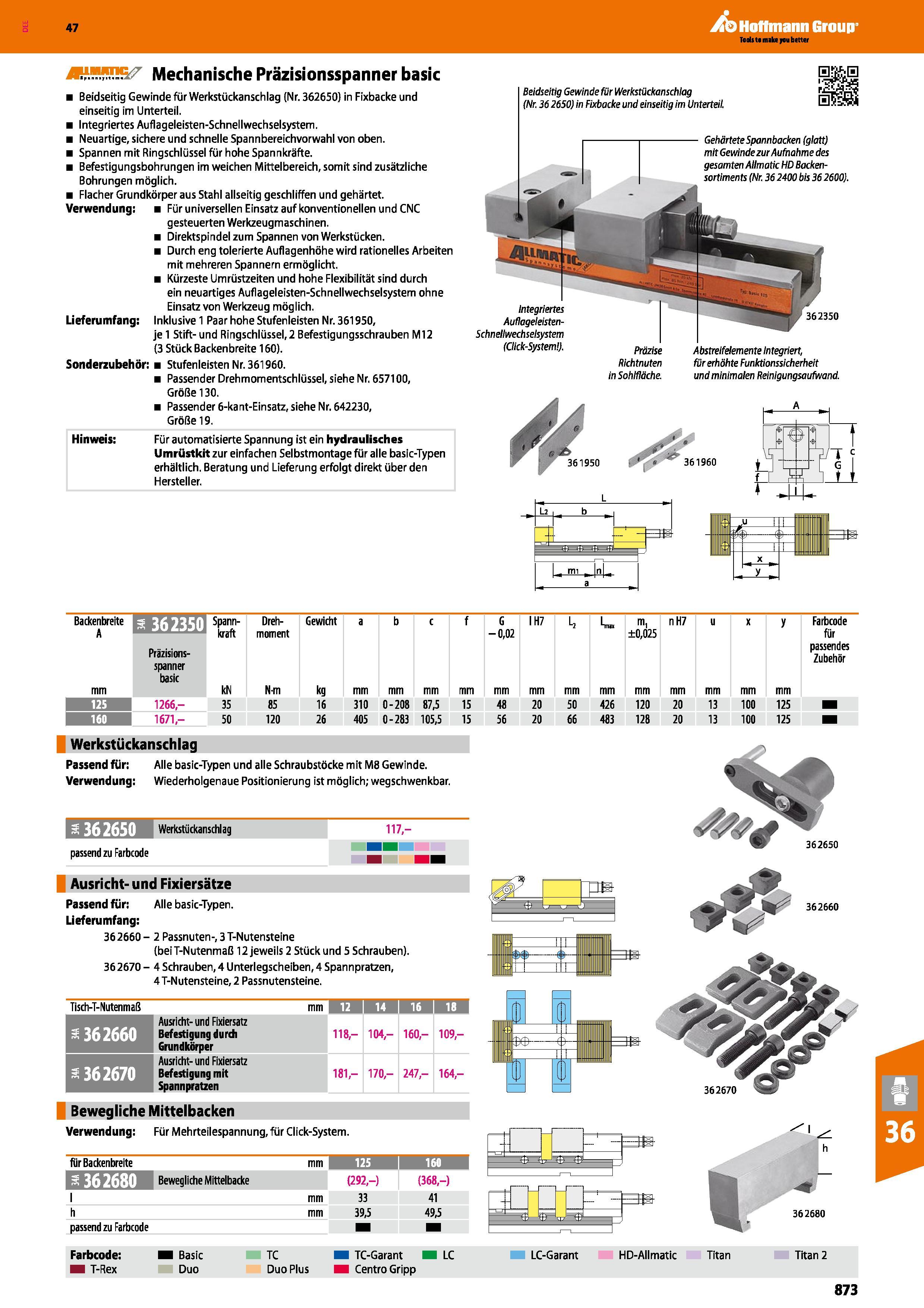 873 Mechanische Präzisionsspanner basic Beidseitig Gewinde für Werkstückanschlag (Nr 362650) in Fixbacke und einseitig im Unterteil Integriertes Aufl Каталог HOFFMANN GROUP 2016 Режущий инструмент и инструментальная оснастка для металлообрабатывающего промышленного оборудования 47 версия издания Стр. 873 DEU