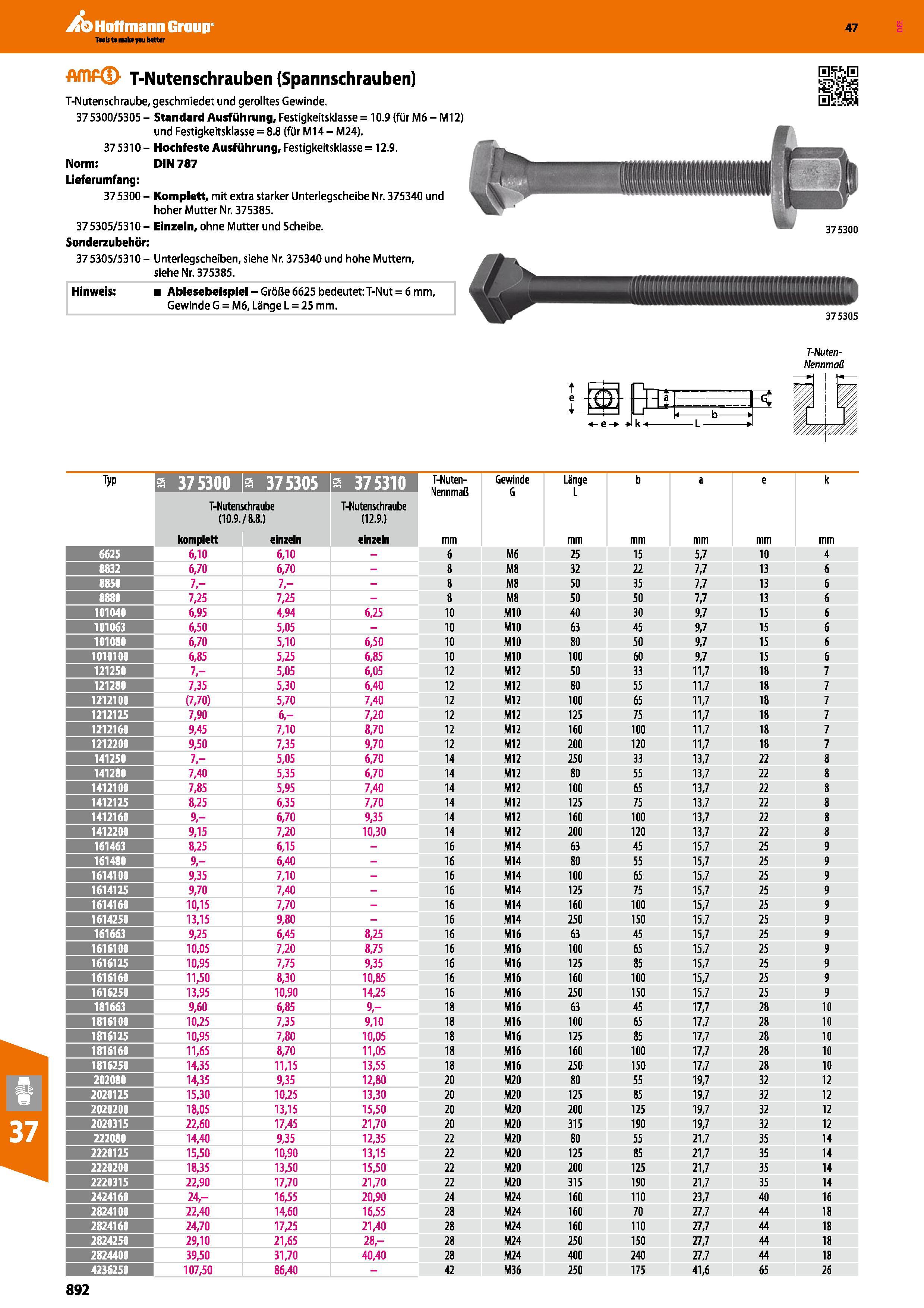 892 T-Nutenschrauben (Spannschrauben) T-Nutenschraube, geschmiedet und gerolltes Gewinde 375300/530S Standard Ausführung, Festigkeitsklasse = 10 9 (f Каталог HOFFMANN GROUP 2016 Режущий инструмент и инструментальная оснастка для металлообрабатывающего промышленного оборудования 47 версия издания Стр. 892 DEU