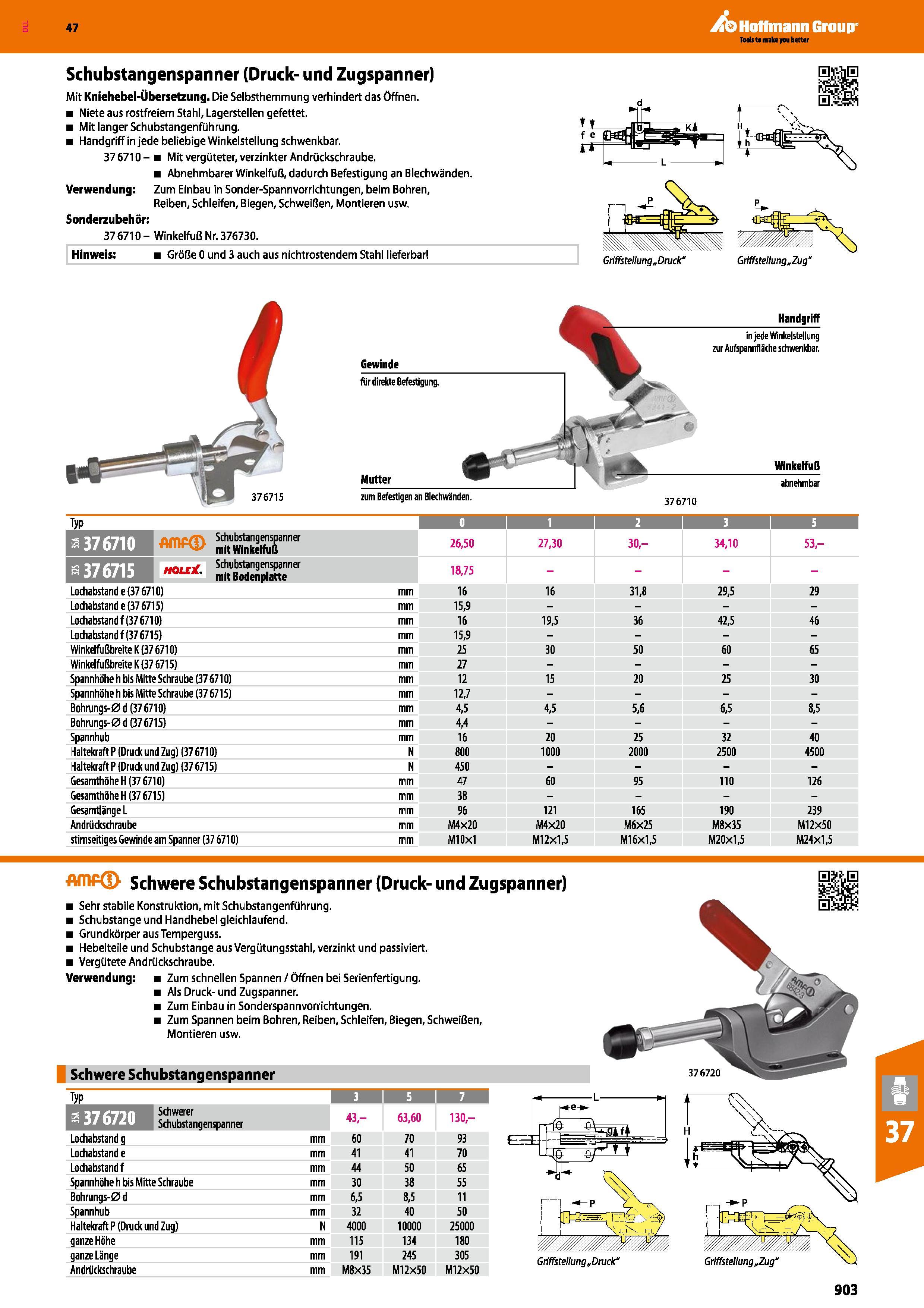 903 Schubstangenspanner (Druck- und Zugspanner) Mit Kniehebel-Übersetzung Die Selbsthemmung verhindert das Öffnen Niete aus rostfreiem Stahl, Lagerst Каталог HOFFMANN GROUP 2016 Режущий инструмент и инструментальная оснастка для металлообрабатывающего промышленного оборудования 47 версия издания Стр. 903 DEU