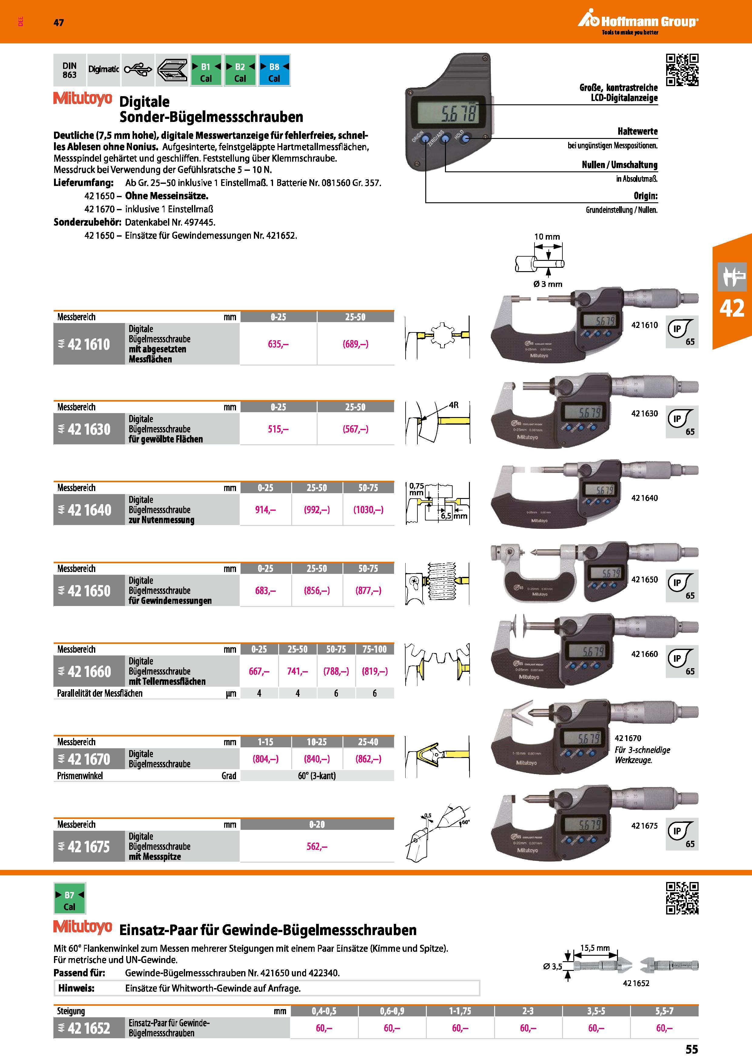 55 gg3 Digmatic C =& Ql Cal Cal Cal Mitutoyo Digitale Sonder-Bügelmessschrauben Deutliche (7,5 mm hohe), digitale Messwertanzeige für fehlerfreies, Каталог HOFFMANN GROUP 2016 Ручной слесарно-монтажный и контрольно-измерительный инструмент и приборы для предприятий машиностроения и мастерских сервисного обслуживания 47 версия издания Стр. 55 DEU