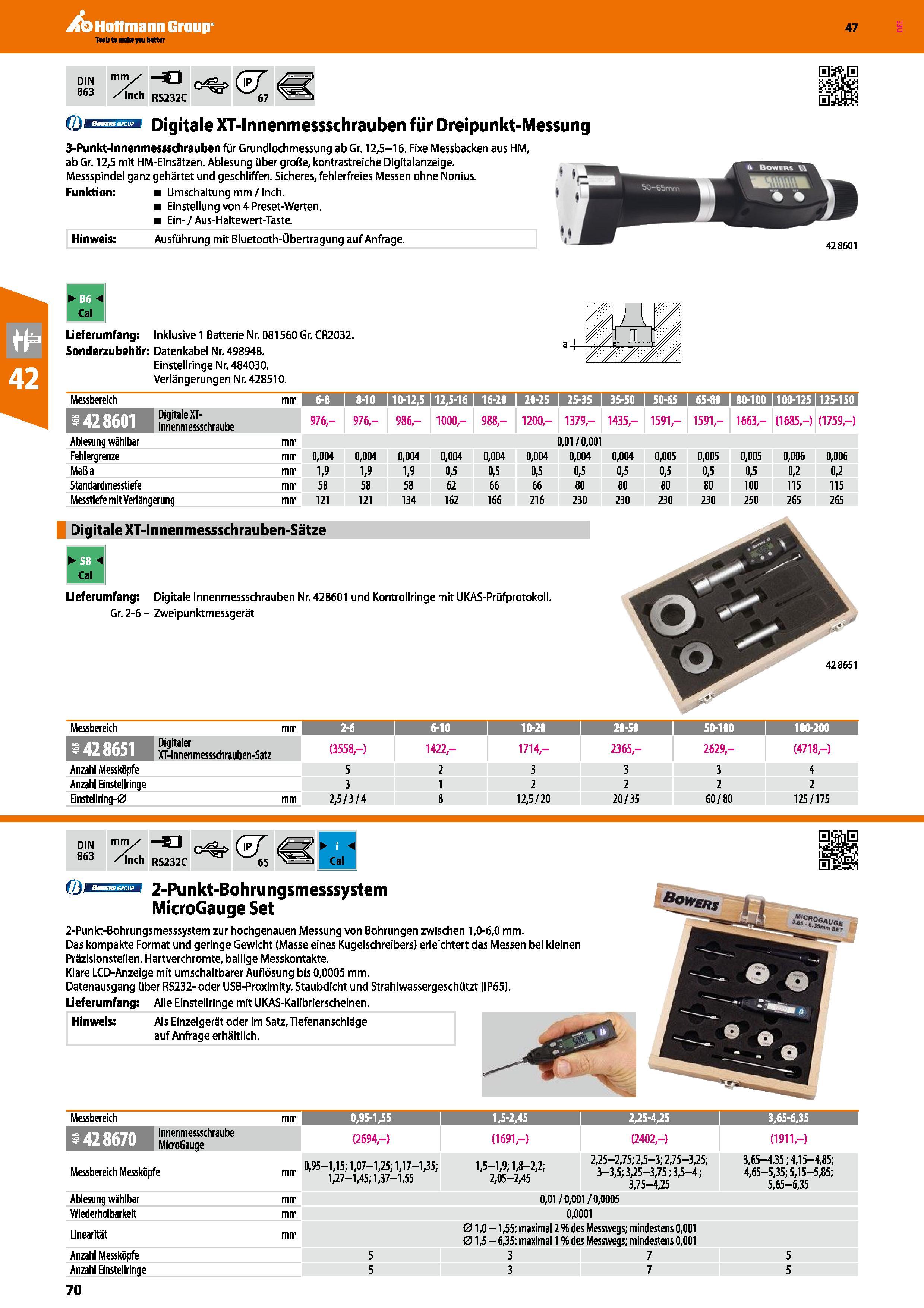 70 ( ) = Digitale XT-Innenmessschrauben für Dreipunkt-Messung 3-Punkt-lnnenmessschrauben für Grundlochmessung ab Gr 12,5-16 Fixe Messbacken aus HM, Каталог HOFFMANN GROUP 2016 Ручной слесарно-монтажный и контрольно-измерительный инструмент и приборы для предприятий машиностроения и мастерских сервисного обслуживания 47 версия издания Стр. 70 DEU