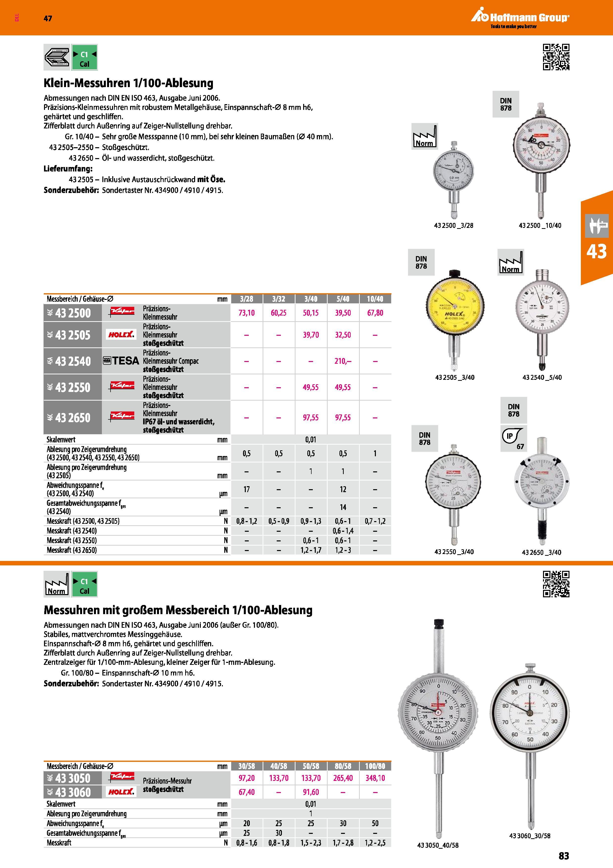83 n Cal Klein-Messuhren 1/100-Ablesung Abmessungen nach DIN EN ISO 463, Ausgabe Juni 2006 Präzisions-Kleinmessuhren mit robustem Metallgehäuse, Ein Каталог HOFFMANN GROUP 2016 Ручной слесарно-монтажный и контрольно-измерительный инструмент и приборы для предприятий машиностроения и мастерских сервисного обслуживания 47 версия издания Стр. 83 DEU