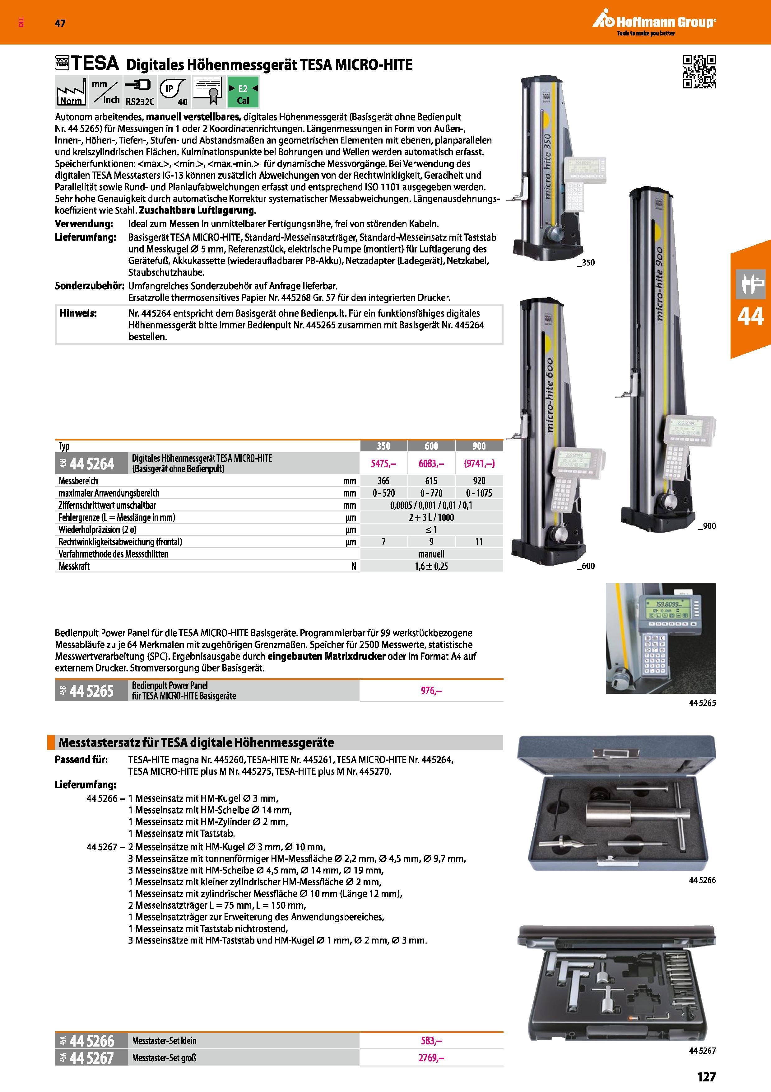 127 3TESA Digitales Höhenmessgerät TESA MICRO-HITE mm/ -Ü ( T /Inch RS232C Cal Autonom arbeitendes, manuell verstellbares, digitales Höhenmessgerät ( Каталог HOFFMANN GROUP 2016 Ручной слесарно-монтажный и контрольно-измерительный инструмент и приборы для предприятий машиностроения и мастерских сервисного обслуживания 47 версия издания Стр. 127 DEU