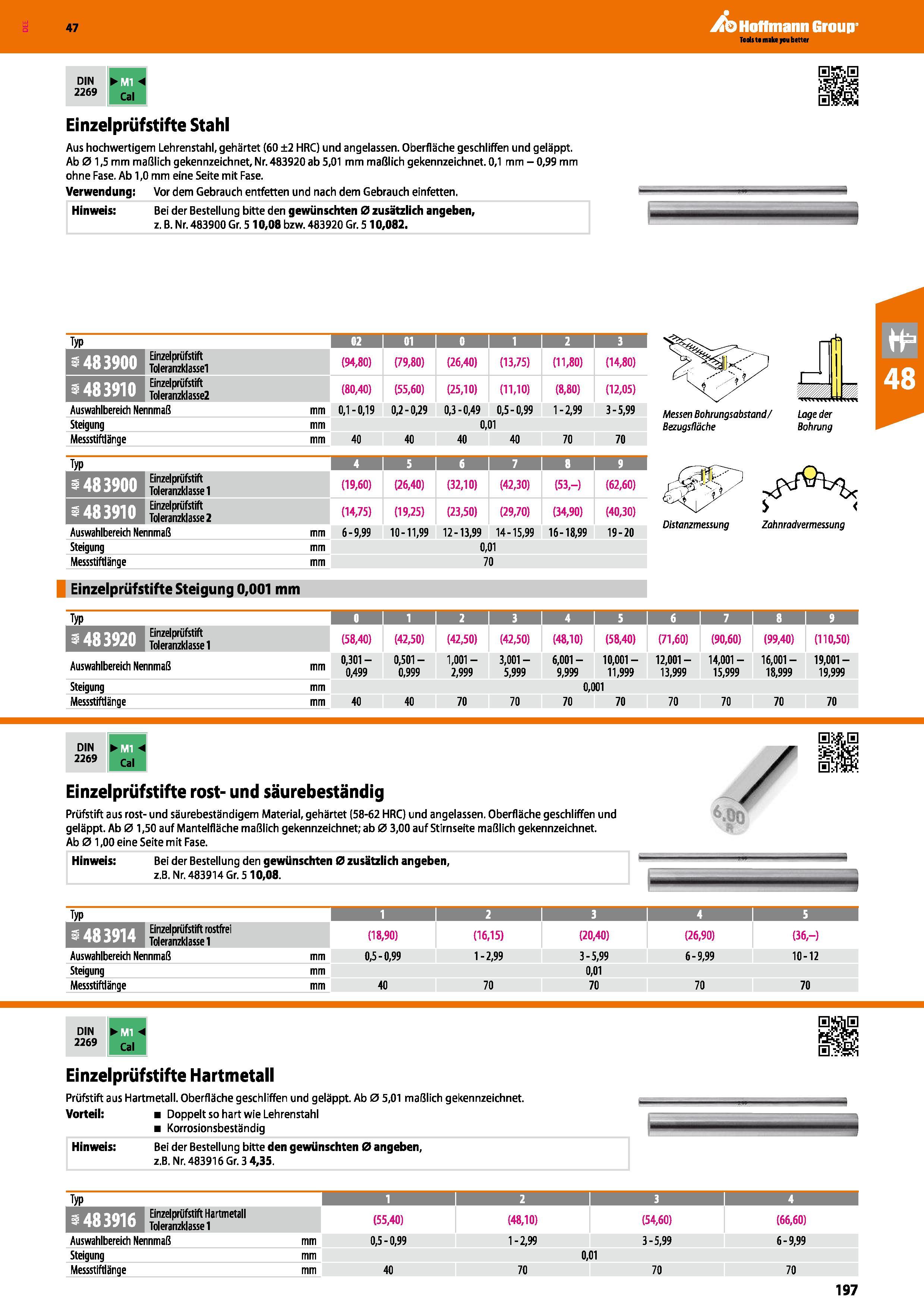 197 Einzelprüfstifte Stahl Aus hochwertigem Lehrenstahl, gehärtet (60 ±2 HRC) und angelassen Oberfläche geschliffen und geläppt Ab 01,5 mm maßlich ge Каталог HOFFMANN GROUP 2016 Ручной слесарно-монтажный и контрольно-измерительный инструмент и приборы для предприятий машиностроения и мастерских сервисного обслуживания 47 версия издания Стр. 197 DEU