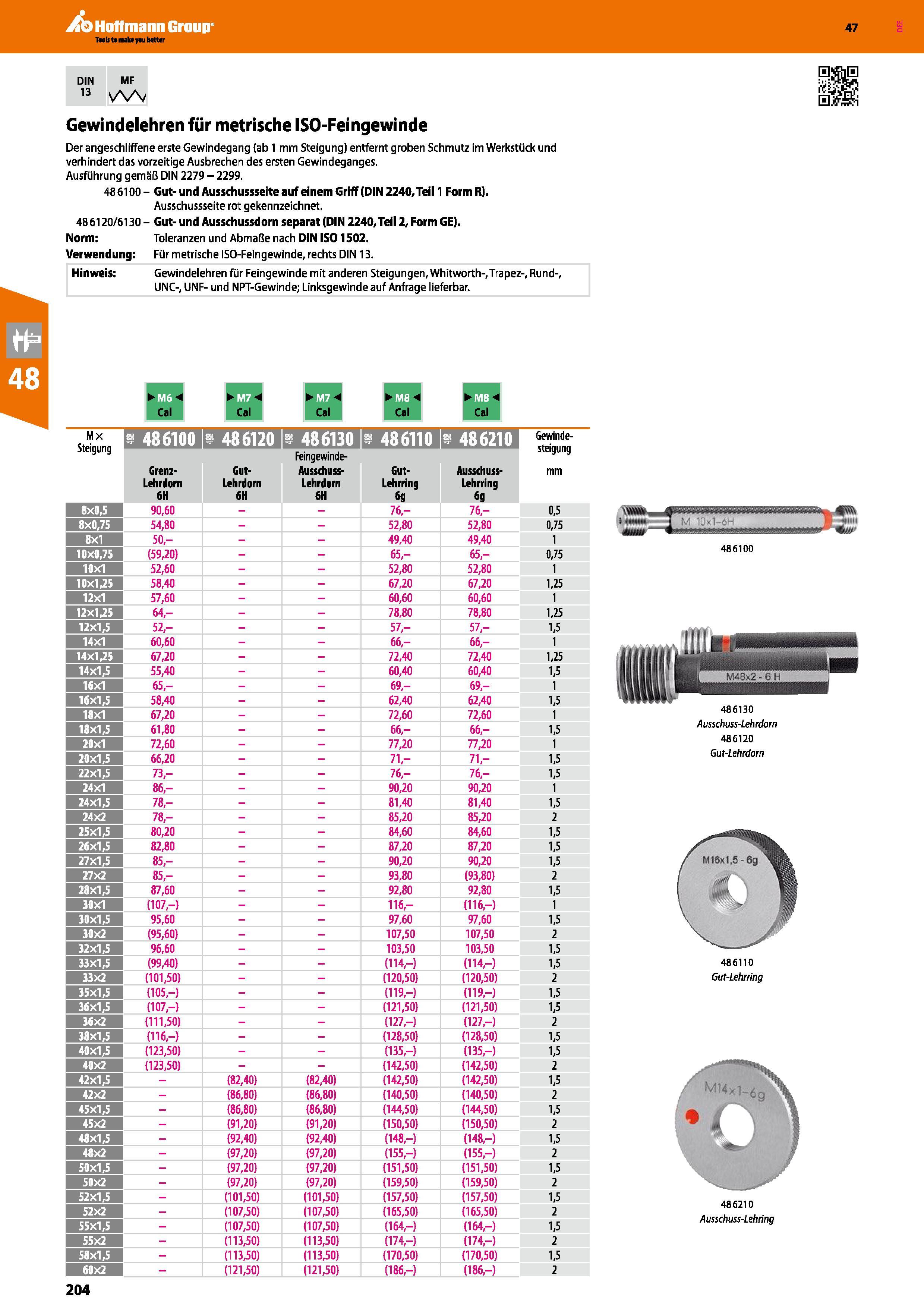 204 DIN MF 13 VW Gewindelehren für metrische ISO-Feingewinde Der angeschliffene erste Gewindegang (ab 1 mm Steigung) entfernt groben Schmutz im Werks Каталог HOFFMANN GROUP 2016 Ручной слесарно-монтажный и контрольно-измерительный инструмент и приборы для предприятий машиностроения и мастерских сервисного обслуживания 47 версия издания Стр. 204 DEU