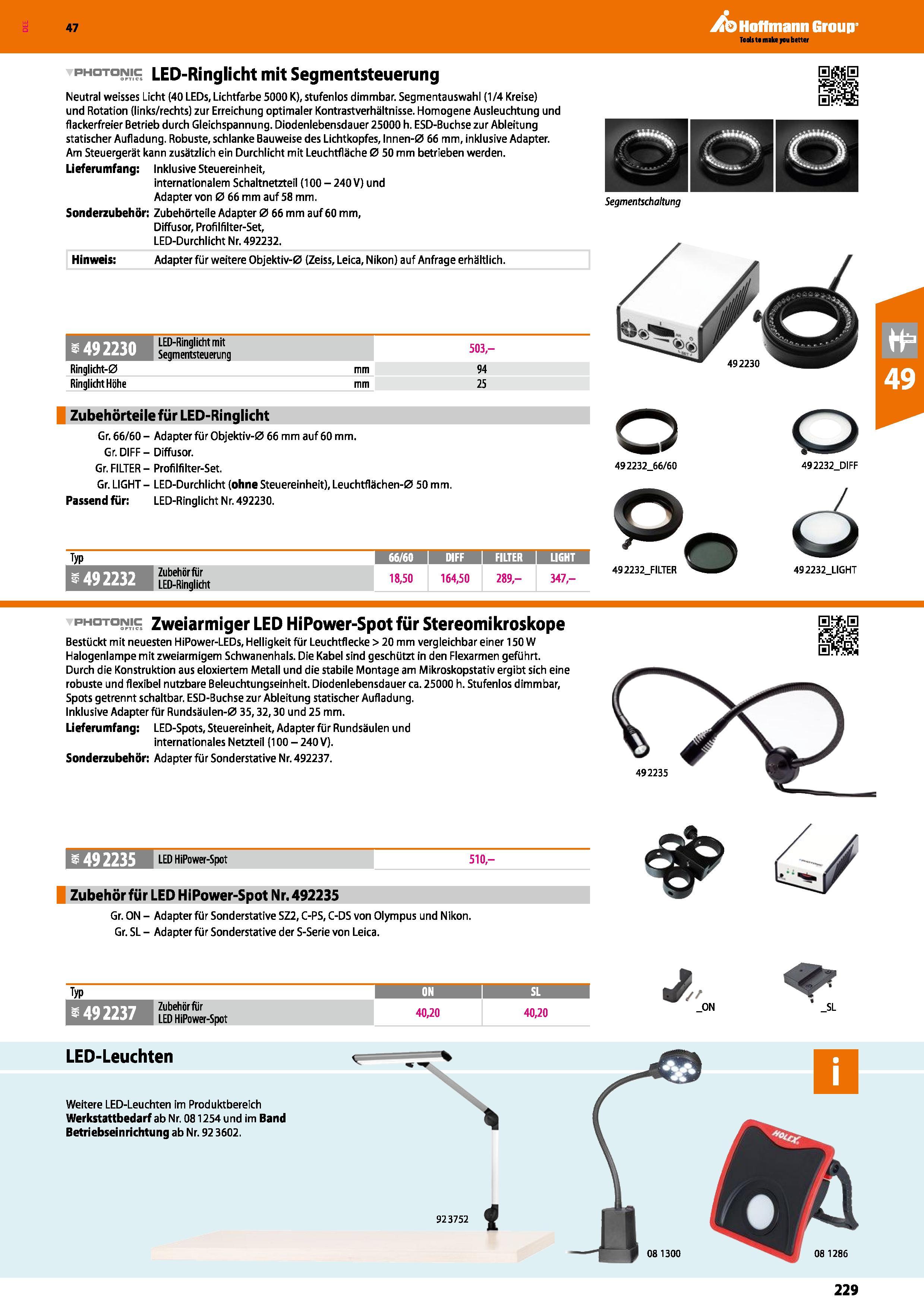 229 47 photonic LED-Ringlicht mit Segmentsteuerung Neutral weisses Licht (40 LEDs, Lichtfarbe 5000 K), stufenlos dimmbar Segmentauswahl (1/4 Kreise) Каталог HOFFMANN GROUP 2016 Ручной слесарно-монтажный и контрольно-измерительный инструмент и приборы для предприятий машиностроения и мастерских сервисного обслуживания 47 версия издания Стр. 229 DEU
