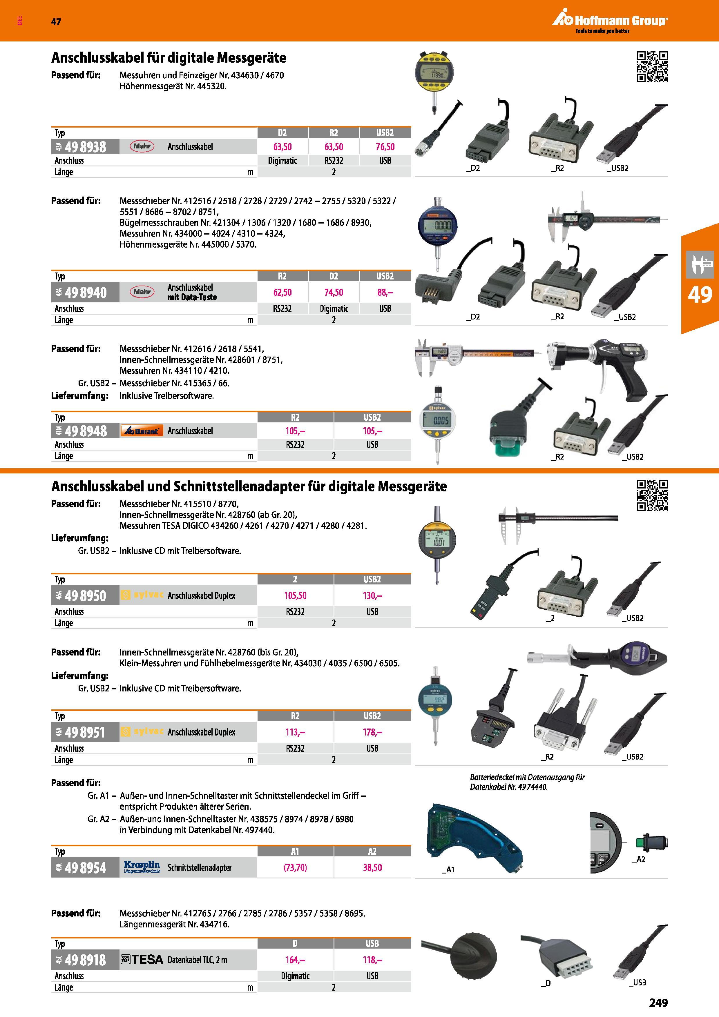 249 Anschlusskabel für digitale Messgeräte Passend für; Messuhren und Feinzeiger Nr 434630/4670 Höhenmessgerät Nr 445320 Typ R2 I USB2 yTTimTM (Mähr) Каталог HOFFMANN GROUP 2016 Ручной слесарно-монтажный и контрольно-измерительный инструмент и приборы для предприятий машиностроения и мастерских сервисного обслуживания 47 версия издания Стр. 249 DEU