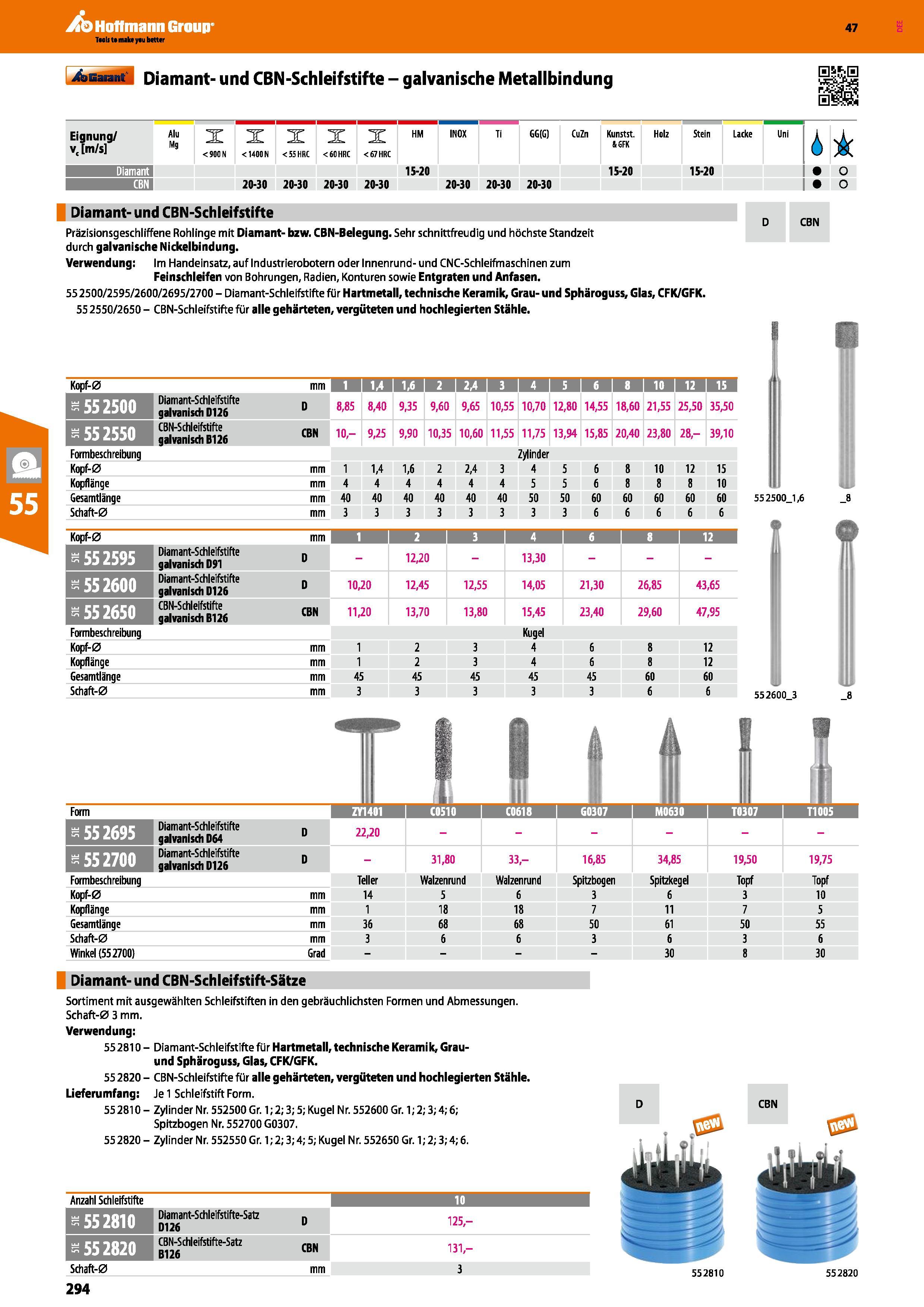 294 Diamant- und CBN-Schleifstifte - galvanische Metallbindung m Eignung/ v, m/s Alu Mg X <900 N X <1400 N X <55 HRC X <60 HRC X <67 HRC HM INOX Ti G Каталог HOFFMANN GROUP 2016 Ручной слесарно-монтажный и контрольно-измерительный инструмент и приборы для предприятий машиностроения и мастерских сервисного обслуживания 47 версия издания Стр. 294 DEU