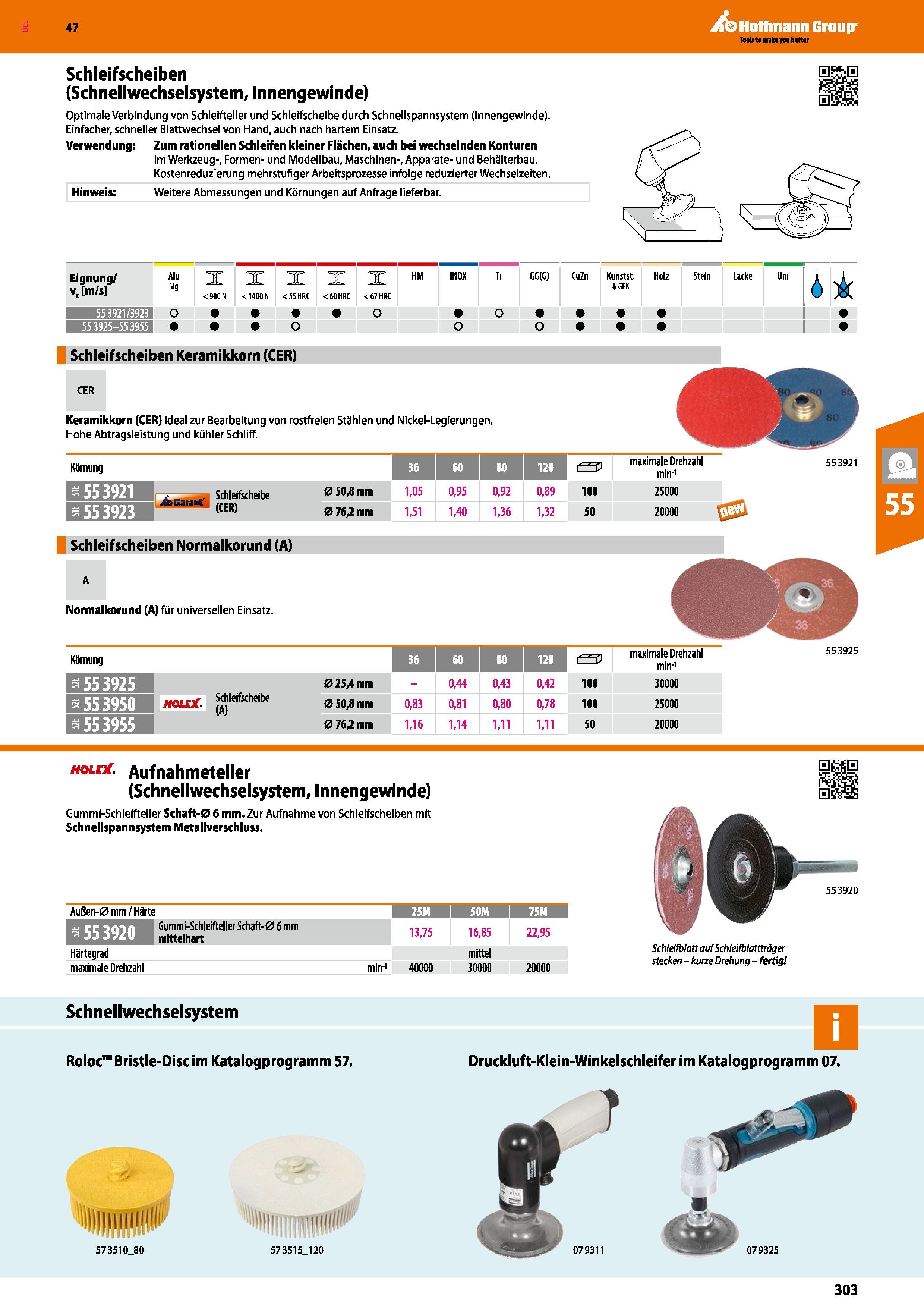 303 Schleifscheiben (Schnellwechselsystem, Innengewinde) Optimale Verbindung von Schleifteller und Schleifscheibe durch Schnellspannsystem (Innengewi Каталог HOFFMANN GROUP 2016 Ручной слесарно-монтажный и контрольно-измерительный инструмент и приборы для предприятий машиностроения и мастерских сервисного обслуживания 47 версия издания Стр. 303 DEU