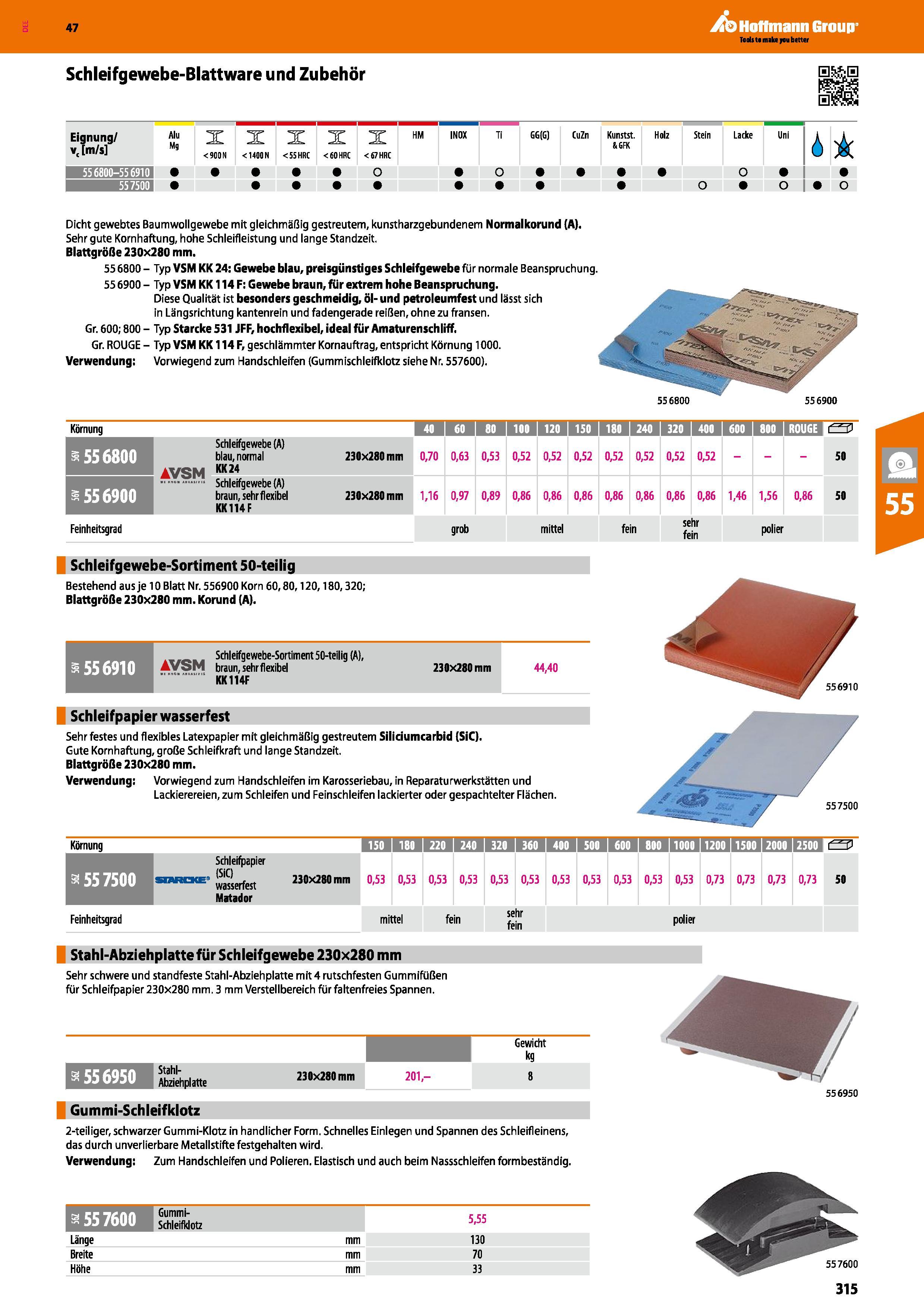 315 Schleifgewebe-Blattware und Zubehör Eignung/ vc m/s Alu Mg X < 900 N X <1400 N X <55 HRC X <60 HRC X <67 HRC HM INOX Ti GG(G) CuZn Kunstst SGFK H Каталог HOFFMANN GROUP 2016 Ручной слесарно-монтажный и контрольно-измерительный инструмент и приборы для предприятий машиностроения и мастерских сервисного обслуживания 47 версия издания Стр. 315 DEU