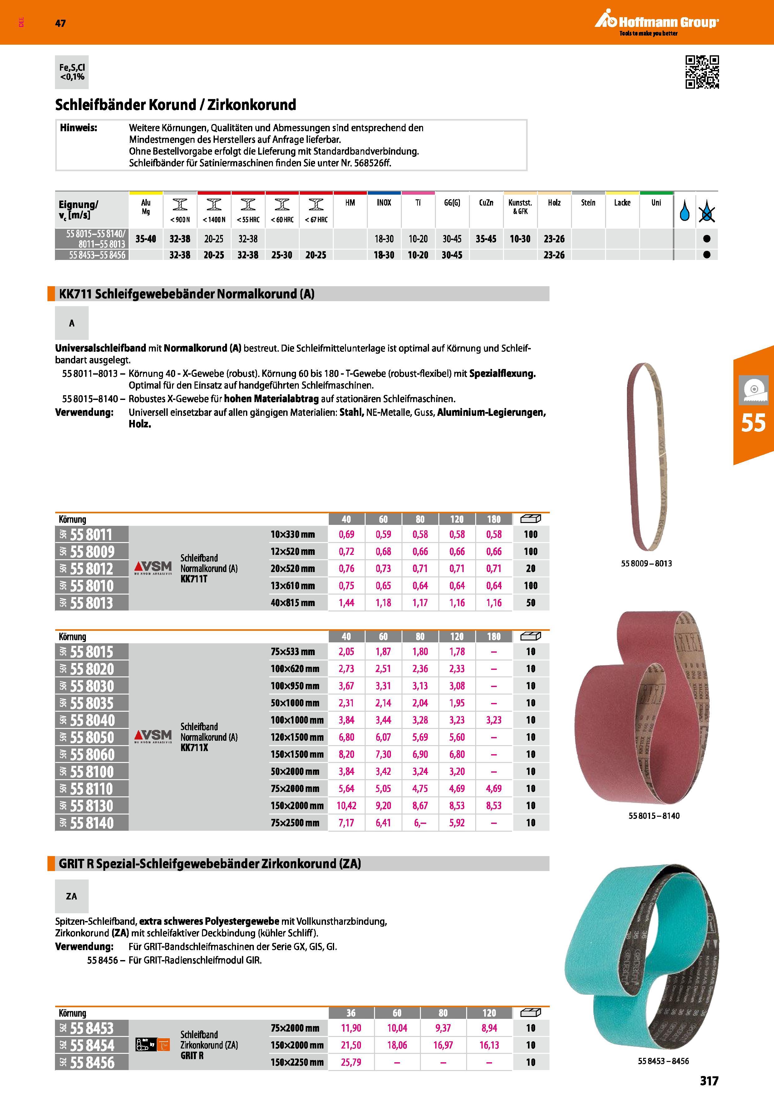 317 Fe,S,CI H fcH <0,1% Schleifbänder Korund / Zirkonkorund Hinweis Weitere Körnungen, Qualitäten und Abmessungen sind entsprechend den Mindestmengen Каталог HOFFMANN GROUP 2016 Ручной слесарно-монтажный и контрольно-измерительный инструмент и приборы для предприятий машиностроения и мастерских сервисного обслуживания 47 версия издания Стр. 317 DEU