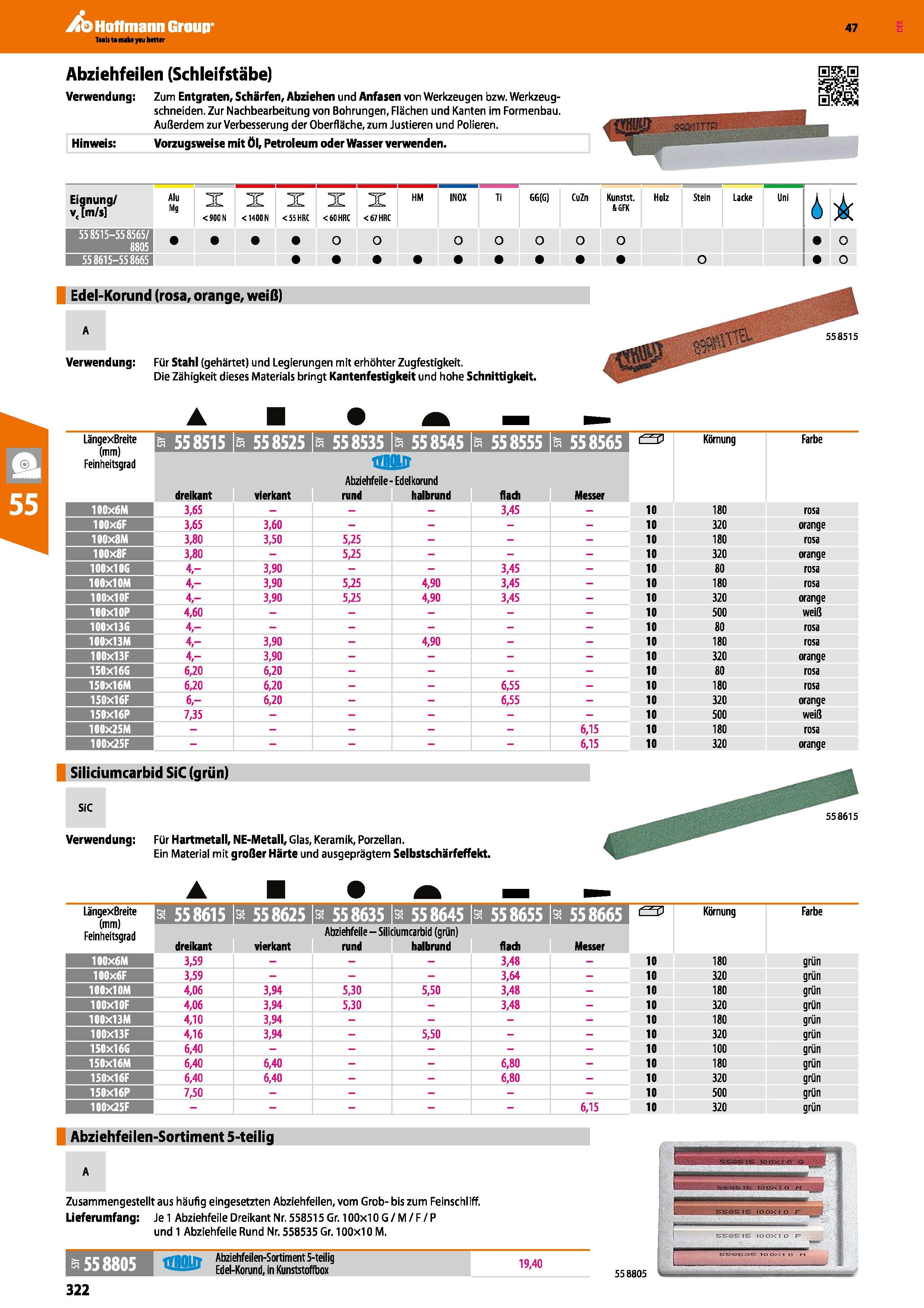 322 Abziehfeilen (Schleifstäbe) Verwendung; Zum Entgraten, Schärfen, Abziehen und Anfasen von Werkzeugen bzw Werkzeug- schneiden Zur Nachbearbeitung Каталог HOFFMANN GROUP 2016 Ручной слесарно-монтажный и контрольно-измерительный инструмент и приборы для предприятий машиностроения и мастерских сервисного обслуживания 47 версия издания Стр. 322 DEU