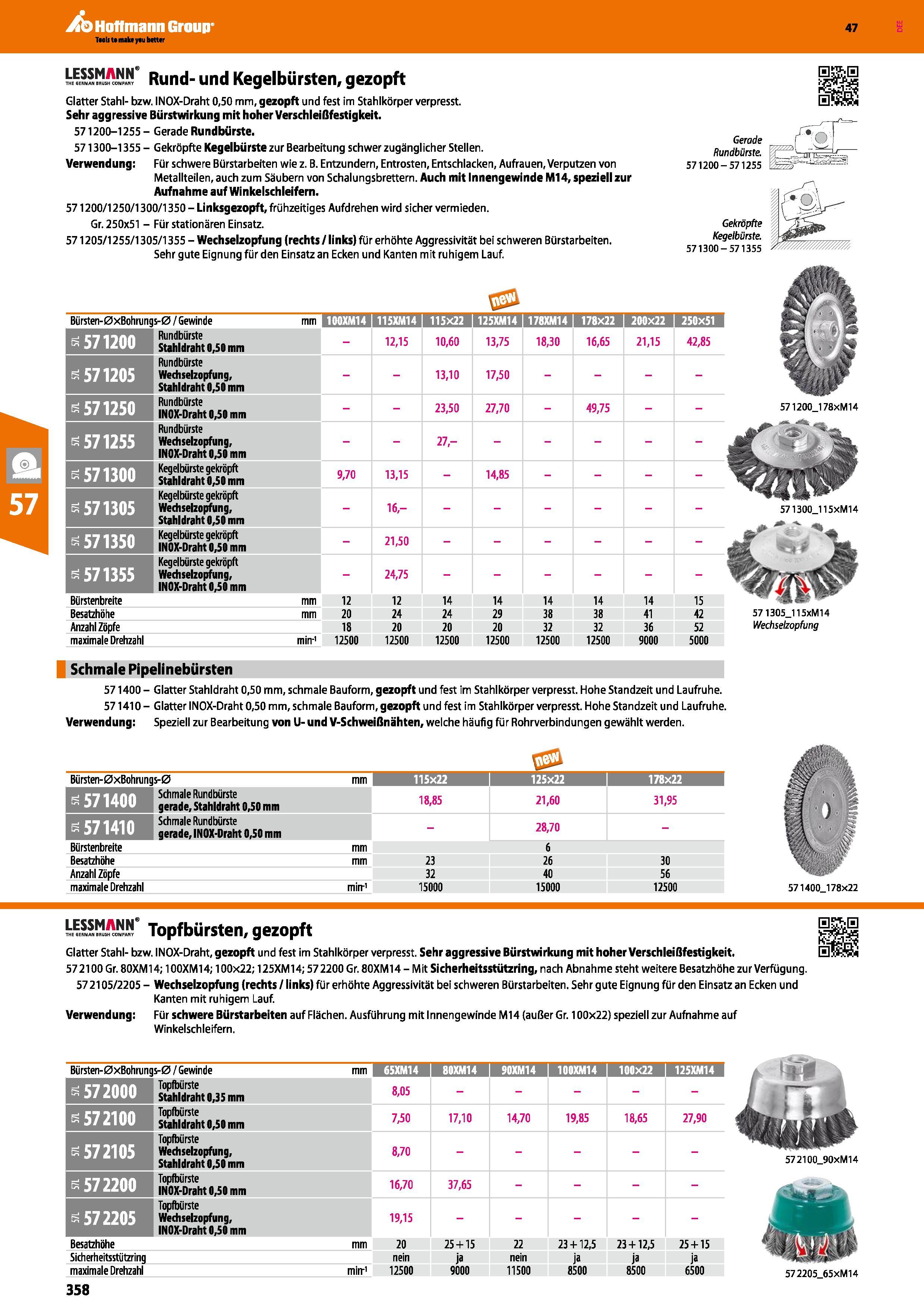 358 Rund- und Kegelbürsten, gezopft Glatter Stahl- bzw INOX-Draht 0,50 mm, gezopft und fest im Stahlkörper verpresst Sehr aggressive Biirstwirkung mi Каталог HOFFMANN GROUP 2016 Ручной слесарно-монтажный и контрольно-измерительный инструмент и приборы для предприятий машиностроения и мастерских сервисного обслуживания 47 версия издания Стр. 358 DEU