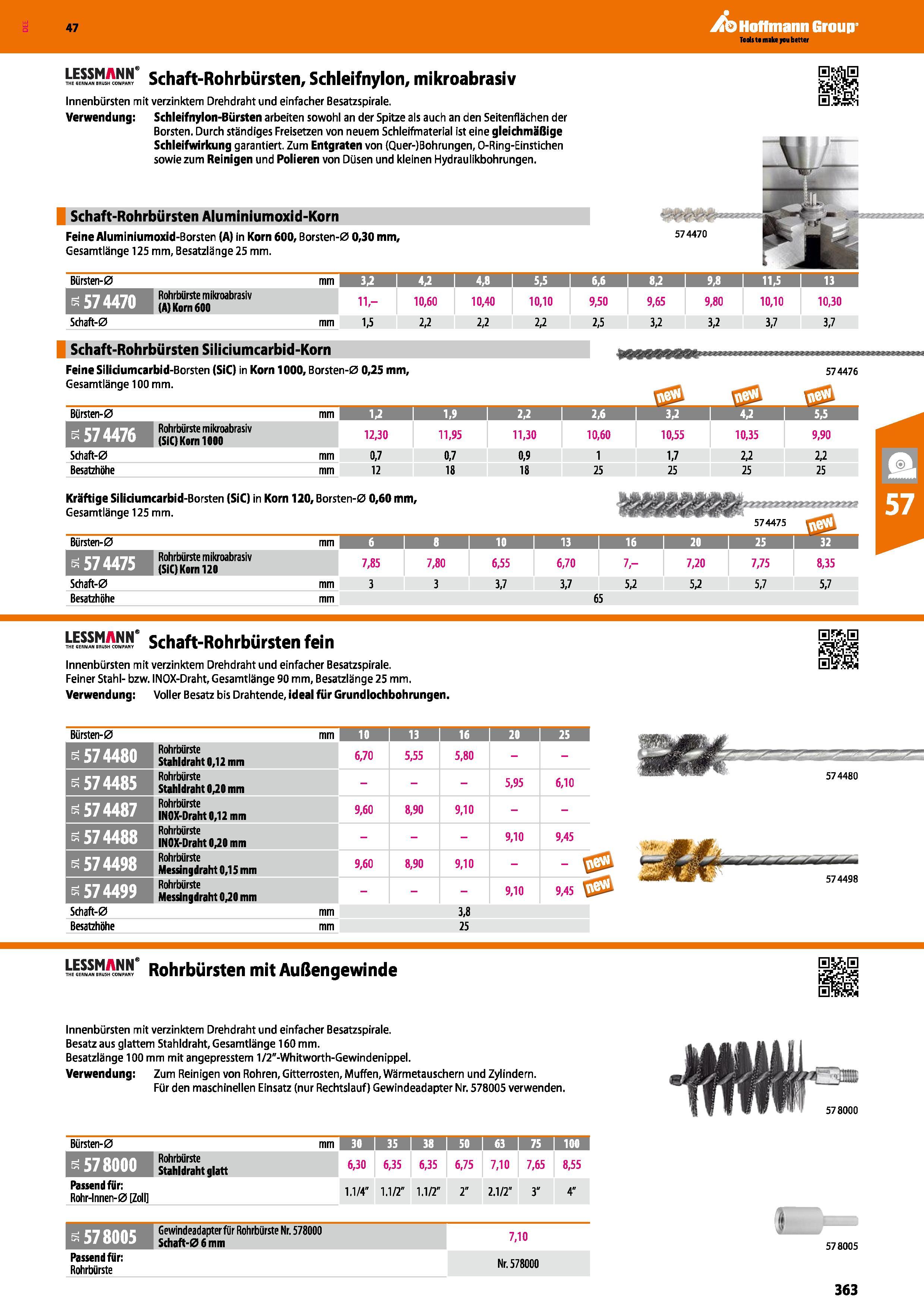 363 Schaft-Rohrbürsten, Schleifnylon, mikroabrasiv Innenbürsten mit verzinktem Drehdraht und einfacher Besatzspirale Verwendung Schleifnylon-Bürsten Каталог HOFFMANN GROUP 2016 Ручной слесарно-монтажный и контрольно-измерительный инструмент и приборы для предприятий машиностроения и мастерских сервисного обслуживания 47 версия издания Стр. 363 DEU
