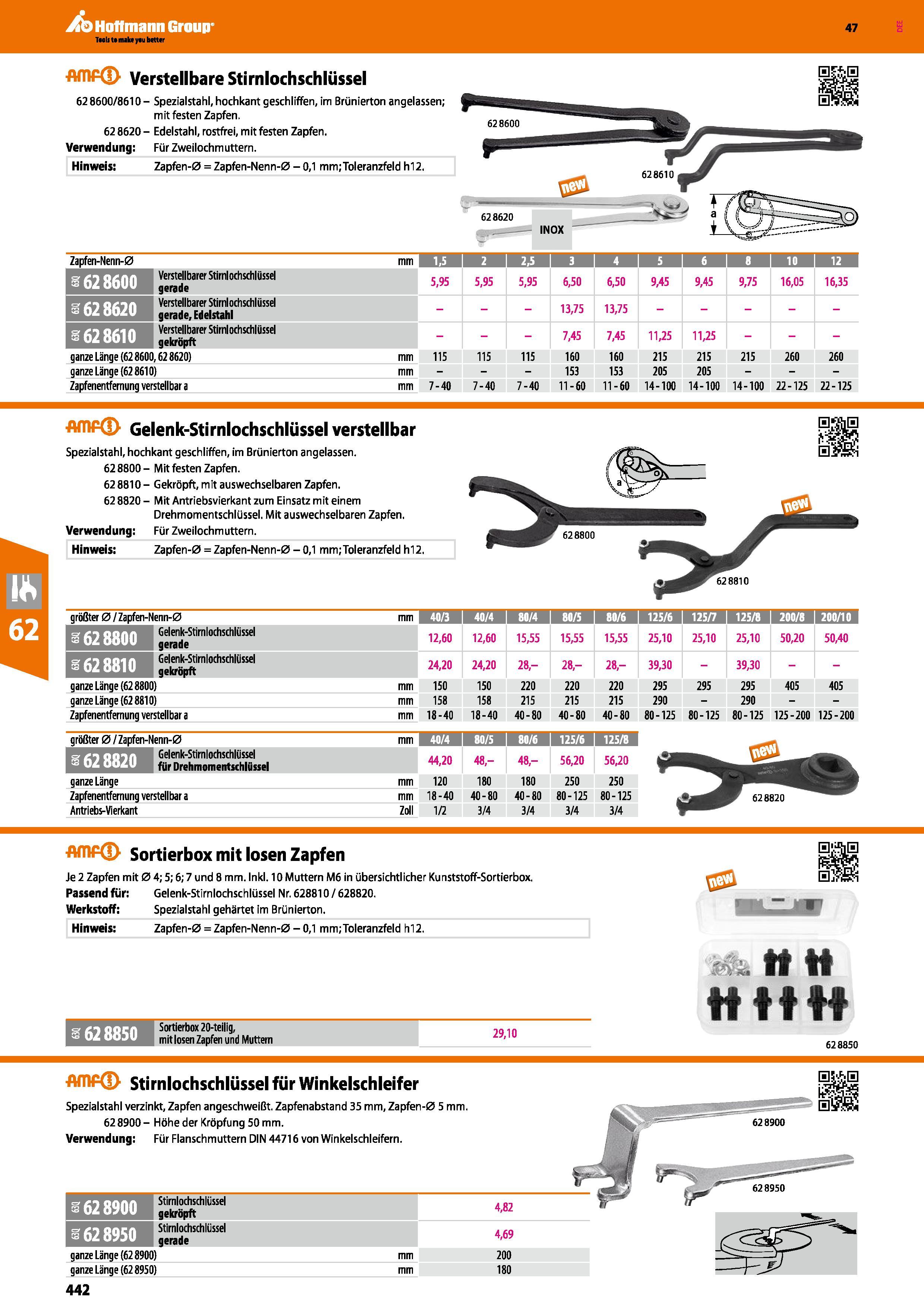 442 Verstellbare Stirnlochschlüssel 62 8600/8610 - Spezialstahl, hochkant geschliffen, im Brünierton angelassen; mit festen Zapfen 62 8620 - Edelstah Каталог HOFFMANN GROUP 2016 Ручной слесарно-монтажный и контрольно-измерительный инструмент и приборы для предприятий машиностроения и мастерских сервисного обслуживания 47 версия издания Стр. 442 DEU