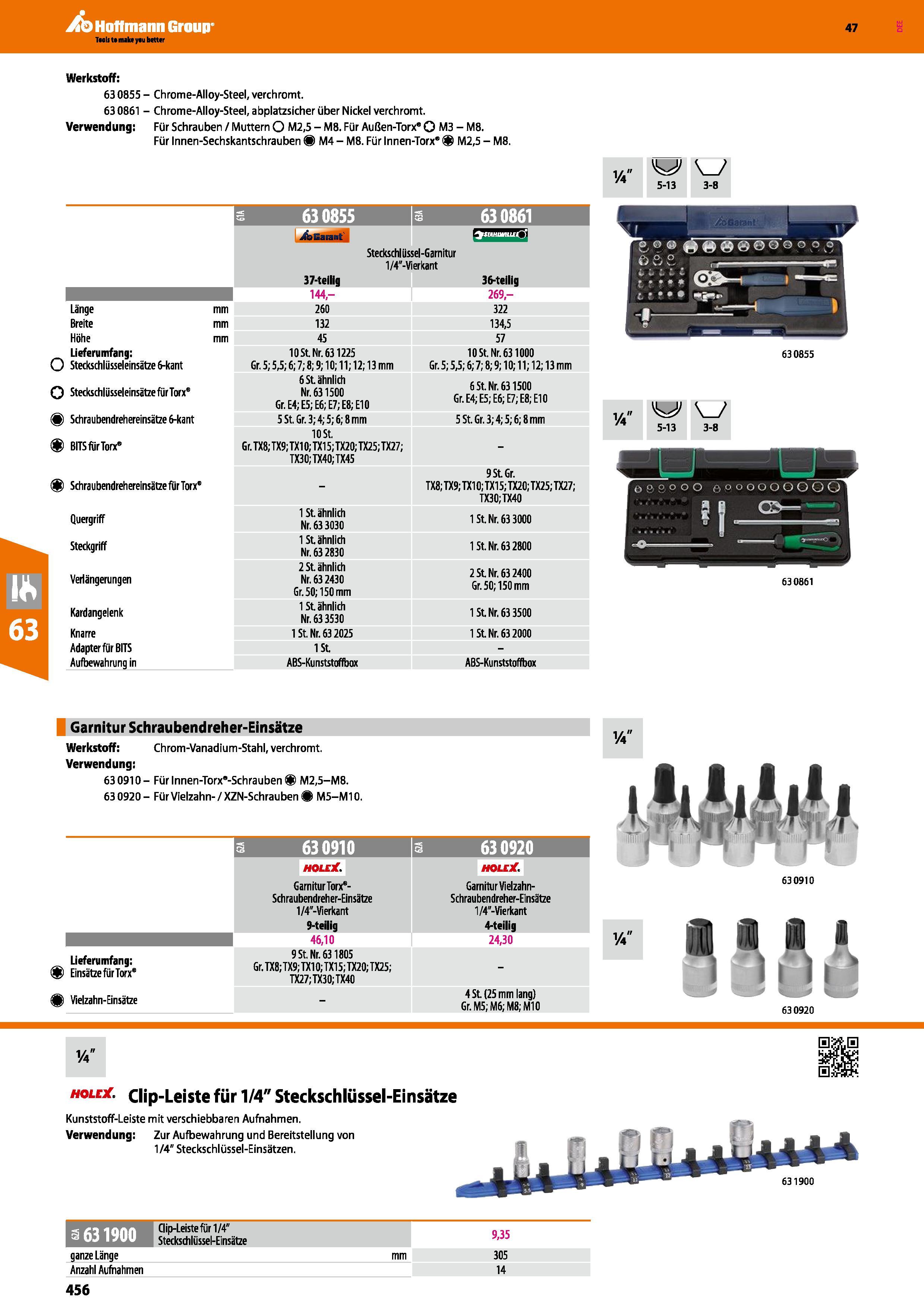 456 Werkstoff 630855 - Chrome-Alloy-Steel, verchromt 630861 - Chrome-Alloy-Steel, abplatzsicher über Nickel verchromt Verwendung Für Schrauben / Mutt Каталог HOFFMANN GROUP 2016 Ручной слесарно-монтажный и контрольно-измерительный инструмент и приборы для предприятий машиностроения и мастерских сервисного обслуживания 47 версия издания Стр. 456 DEU