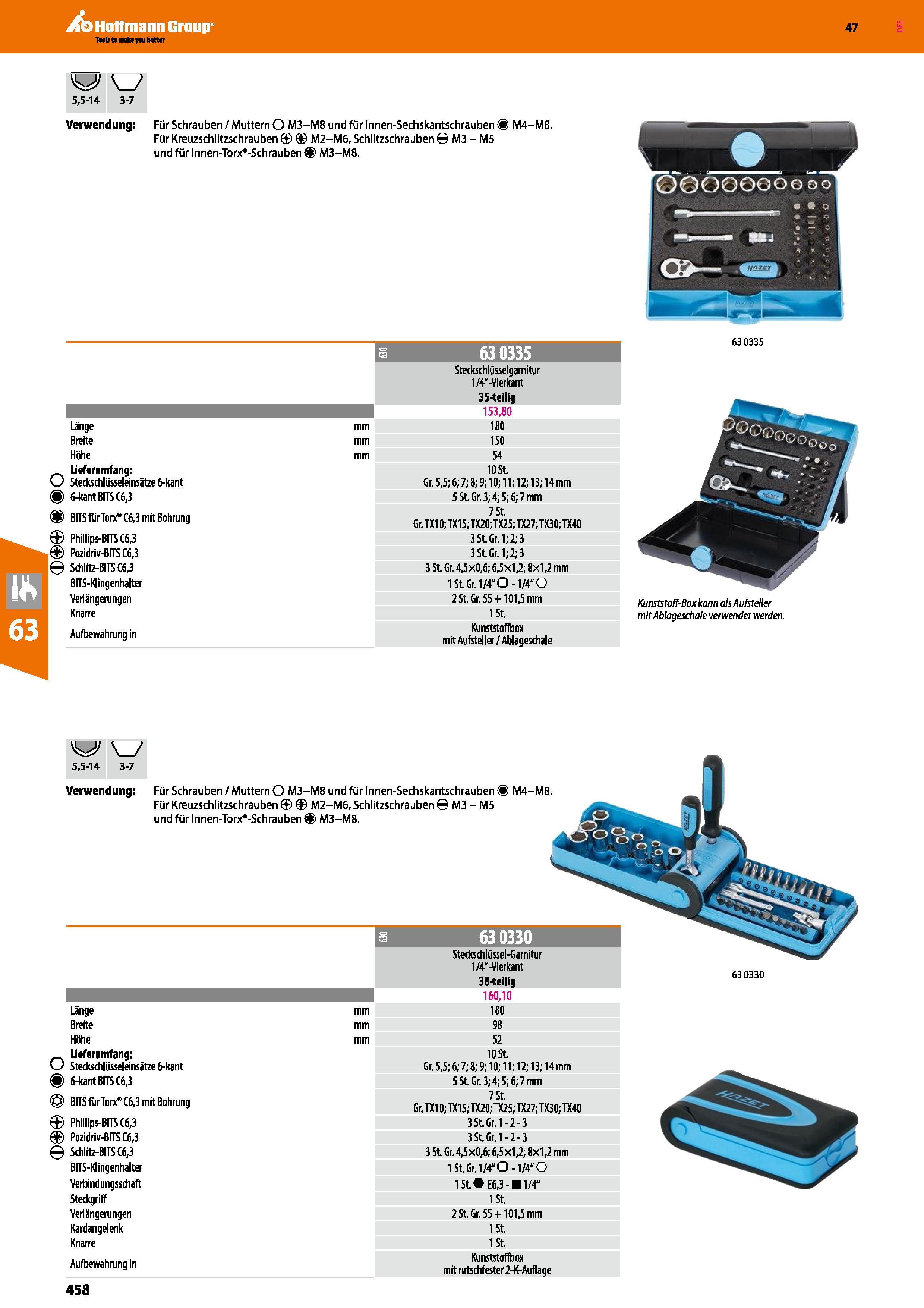 458 w 5,5-14 3-7 Verwendung Für Schrauben / Muttern O M3-M8 und für Innen-Sechskantschrauben M4-M8 Für Kreuzschlitzschrauben M2-M6,Schlitzschrauben M Каталог HOFFMANN GROUP 2016 Ручной слесарно-монтажный и контрольно-измерительный инструмент и приборы для предприятий машиностроения и мастерских сервисного обслуживания 47 версия издания Стр. 458 DEU