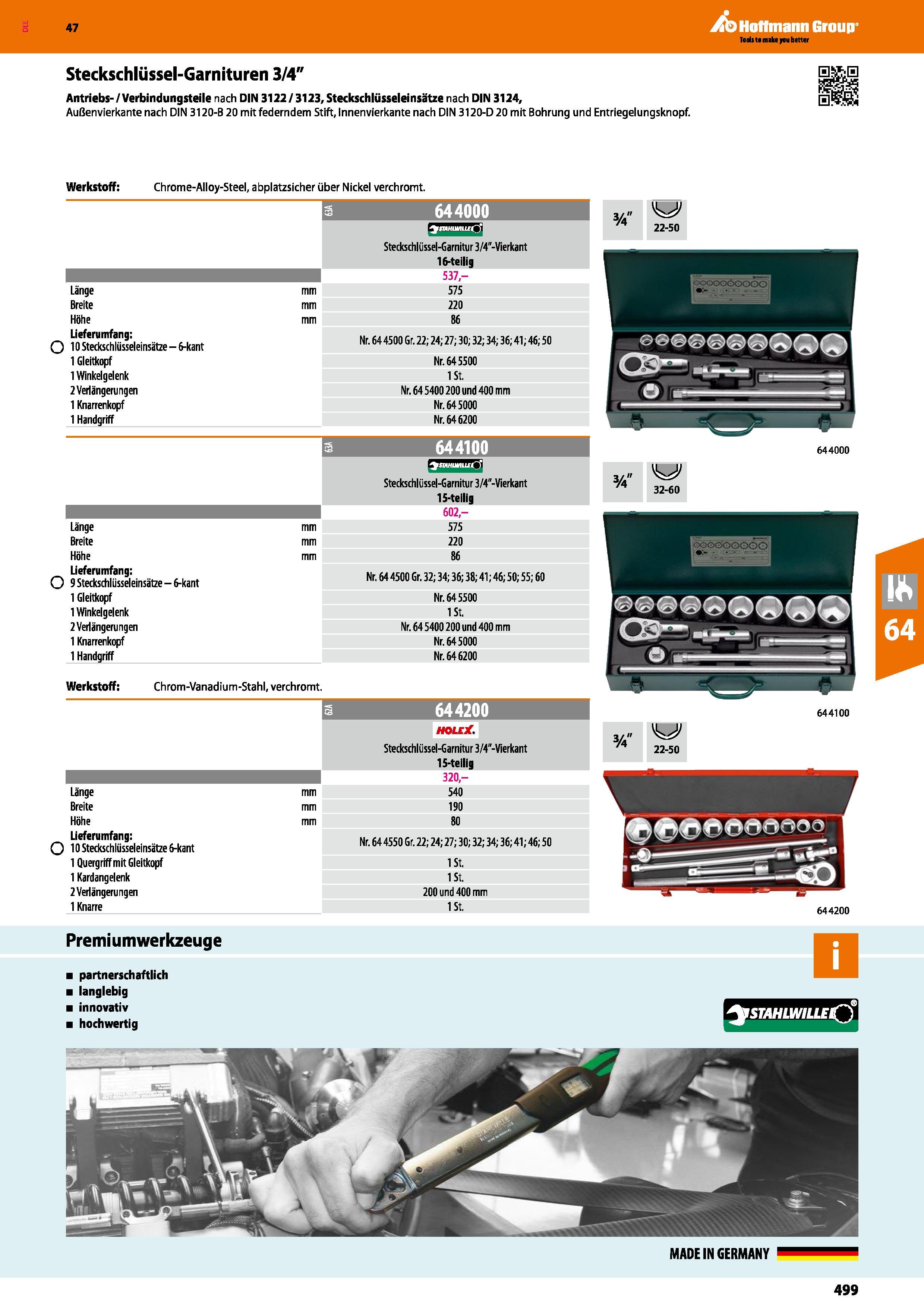 499 Steckschlüssel-Garnituren 3/4 Antriebs-/Verbindungsteile nach DIN 3122/3123,Steckschlüsseleinsätze nach DIN 3124, Außenvierkante nach DIN 3120-B Каталог HOFFMANN GROUP 2016 Ручной слесарно-монтажный и контрольно-измерительный инструмент и приборы для предприятий машиностроения и мастерских сервисного обслуживания 47 версия издания Стр. 499 DEU