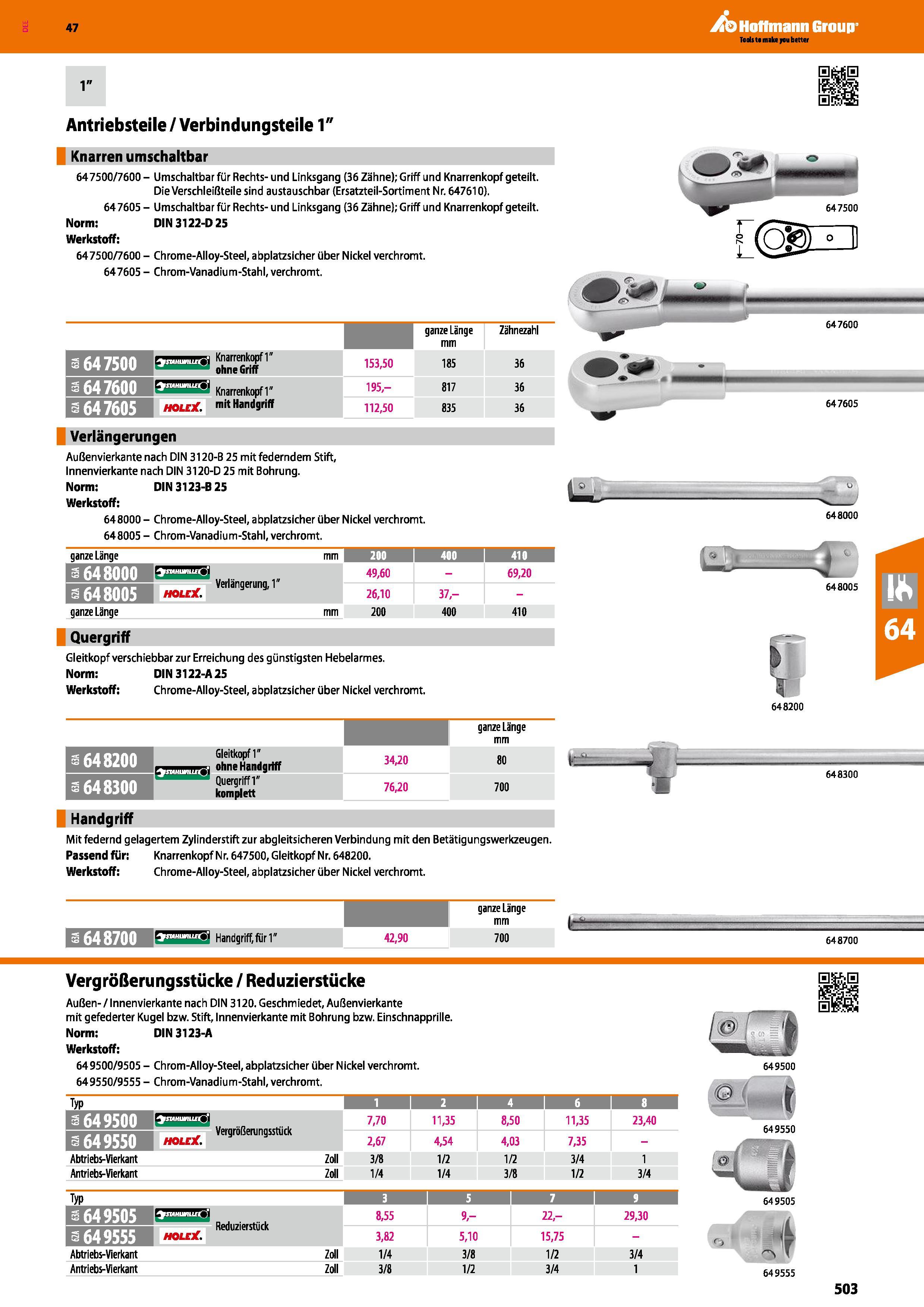 503 Antriebsteile / Verbindungsteile 1 Knarren umschaltbar 647500/7600- Umschaltbar für Rechts-und Linksgang (36 Zähne); Griff und Knarrenkopf geteil Каталог HOFFMANN GROUP 2016 Ручной слесарно-монтажный и контрольно-измерительный инструмент и приборы для предприятий машиностроения и мастерских сервисного обслуживания 47 версия издания Стр. 503 DEU