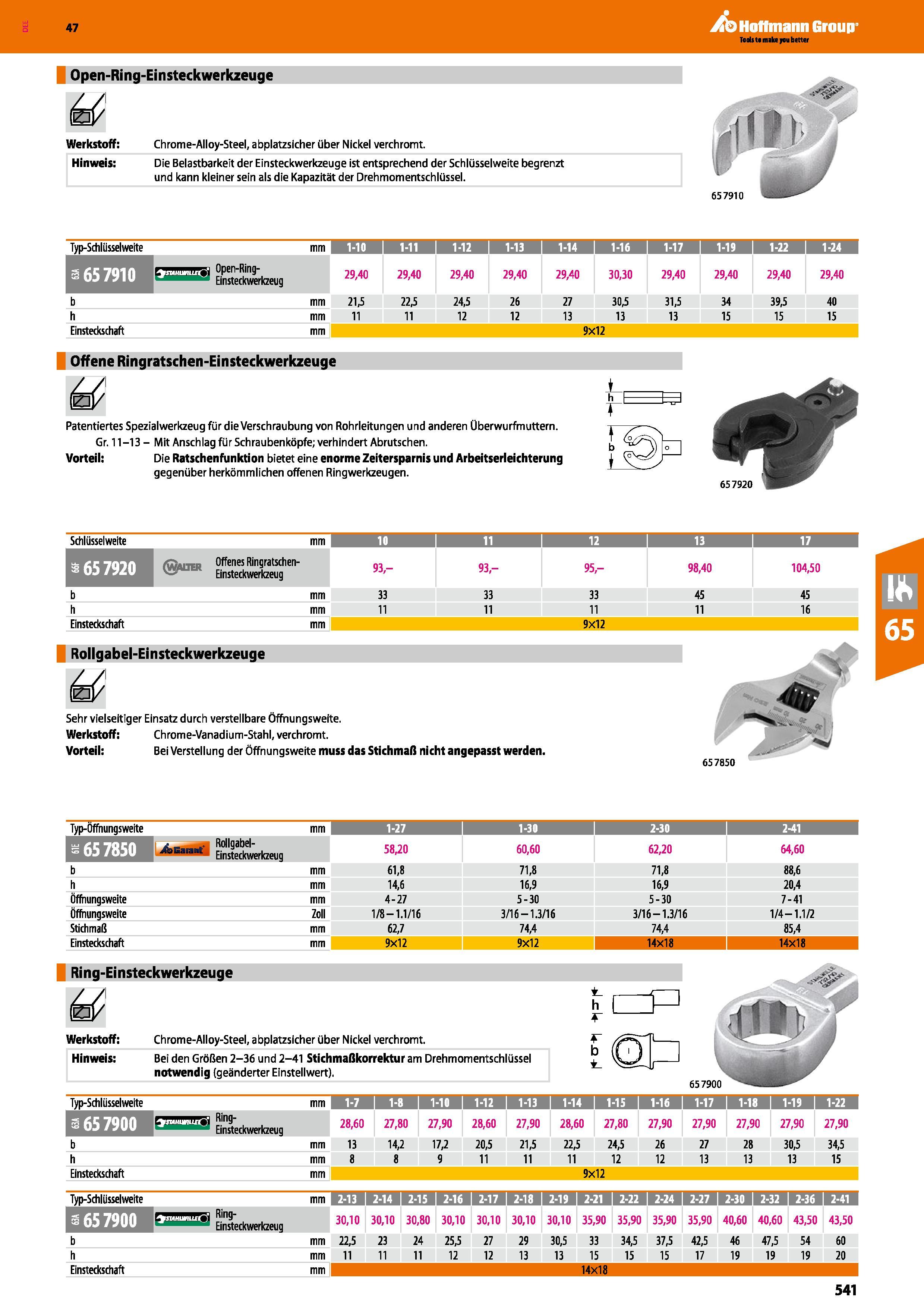 541 Open-Ring-Einsteckwerkzeuge Chrome-Alloy-Steel, abplatzsicher über Nickel verchromt Die Belastbarkeit der Einsteckwerkzeuge ist entsprechend der Каталог HOFFMANN GROUP 2016 Ручной слесарно-монтажный и контрольно-измерительный инструмент и приборы для предприятий машиностроения и мастерских сервисного обслуживания 47 версия издания Стр. 541 DEU