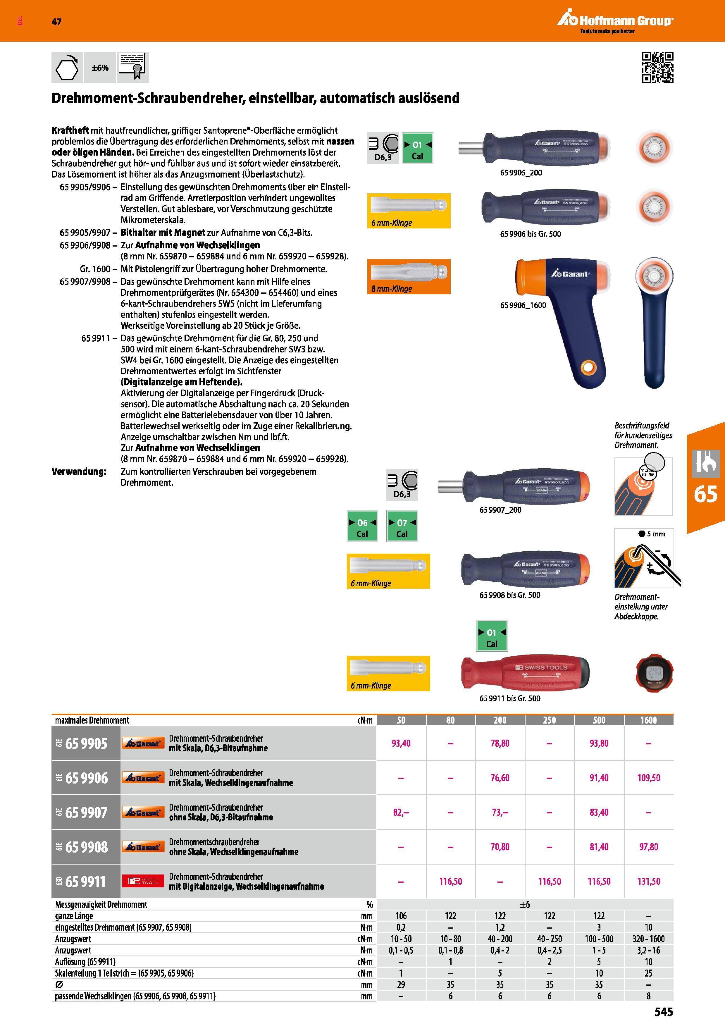 545 D6 3 6 mm-Klinge Drehmoment-Schraubendreher, einstellbar, automatisch auslösend Kraftheft mit hautfreundlicher, griffiger Santoprene’-Oberfläche Каталог HOFFMANN GROUP 2016 Ручной слесарно-монтажный и контрольно-измерительный инструмент и приборы для предприятий машиностроения и мастерских сервисного обслуживания 47 версия издания Стр. 545 DEU