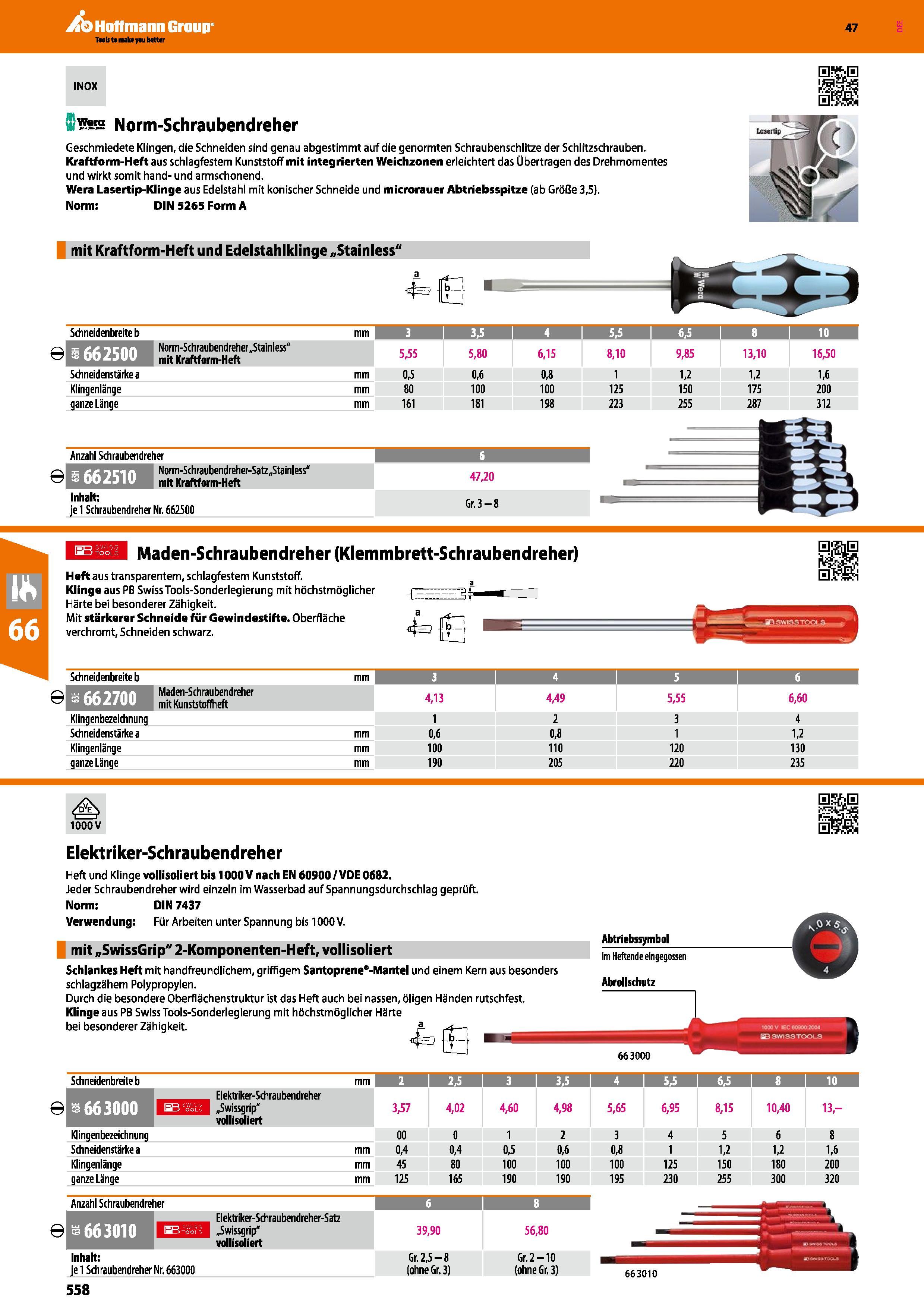 558 H & INOX als Norm-Schraubendreher Geschmiedete Klingen, die Schneiden sind genau abgestimmt auf die genormten Schraubenschlitze der Schlitzschrau Каталог HOFFMANN GROUP 2016 Ручной слесарно-монтажный и контрольно-измерительный инструмент и приборы для предприятий машиностроения и мастерских сервисного обслуживания 47 версия издания Стр. 558 DEU