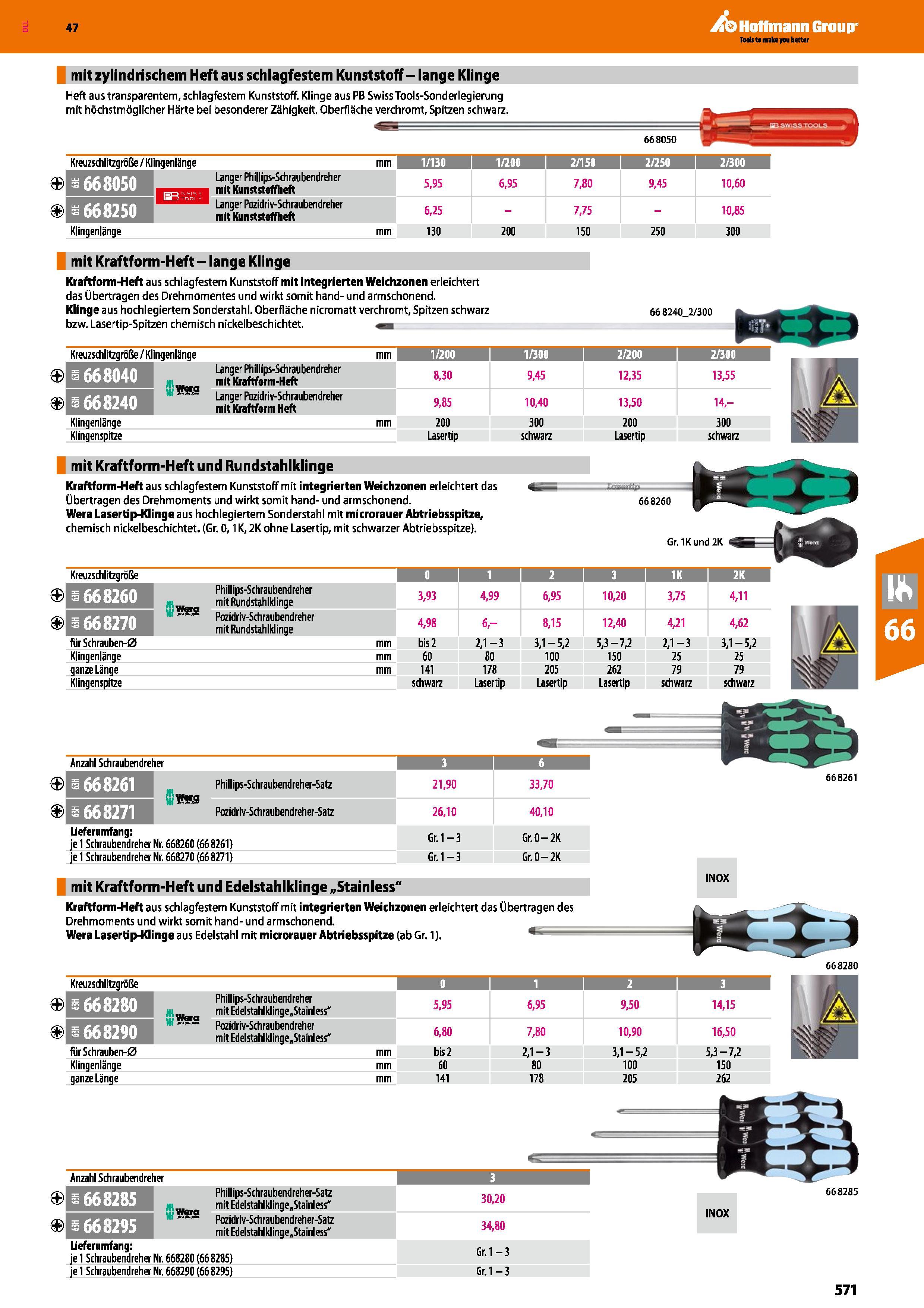 571 mit zylindrischem Heft aus schlagfestem Kunststoff - lange Klinge Heft aus transparentem, schlagfestem Kunststoff Klinge aus PB Swiss Tools-Sonde Каталог HOFFMANN GROUP 2016 Ручной слесарно-монтажный и контрольно-измерительный инструмент и приборы для предприятий машиностроения и мастерских сервисного обслуживания 47 версия издания Стр. 571 DEU