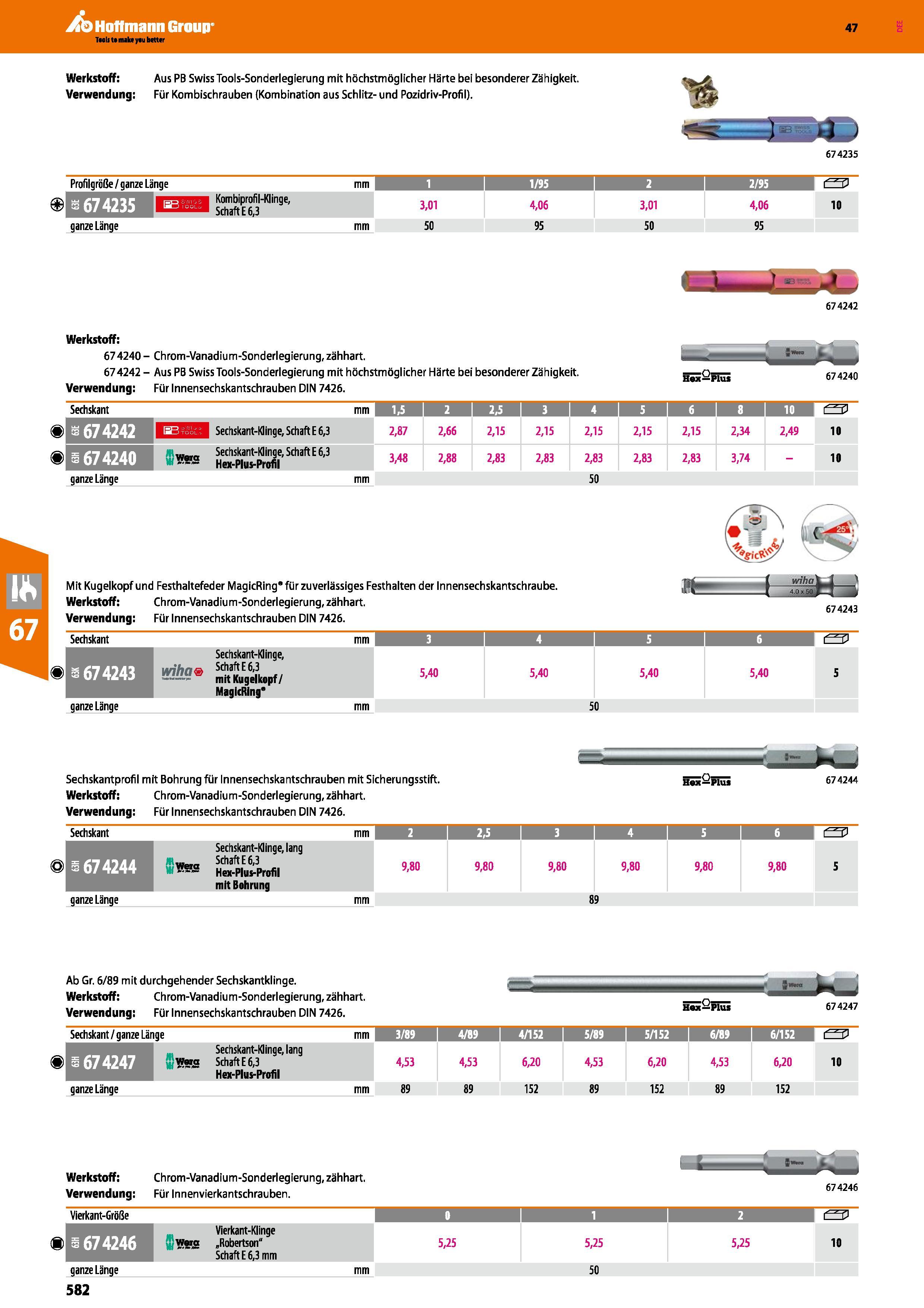 582 Werkstoff Aus PB Swiss Tools-Sonderlegierung mit höchstmöglicher Härte bei besonderer Zähigkeit Verwendung Für Kombischrauben (Kombination aus Sc Каталог HOFFMANN GROUP 2016 Ручной слесарно-монтажный и контрольно-измерительный инструмент и приборы для предприятий машиностроения и мастерских сервисного обслуживания 47 версия издания Стр. 582 DEU