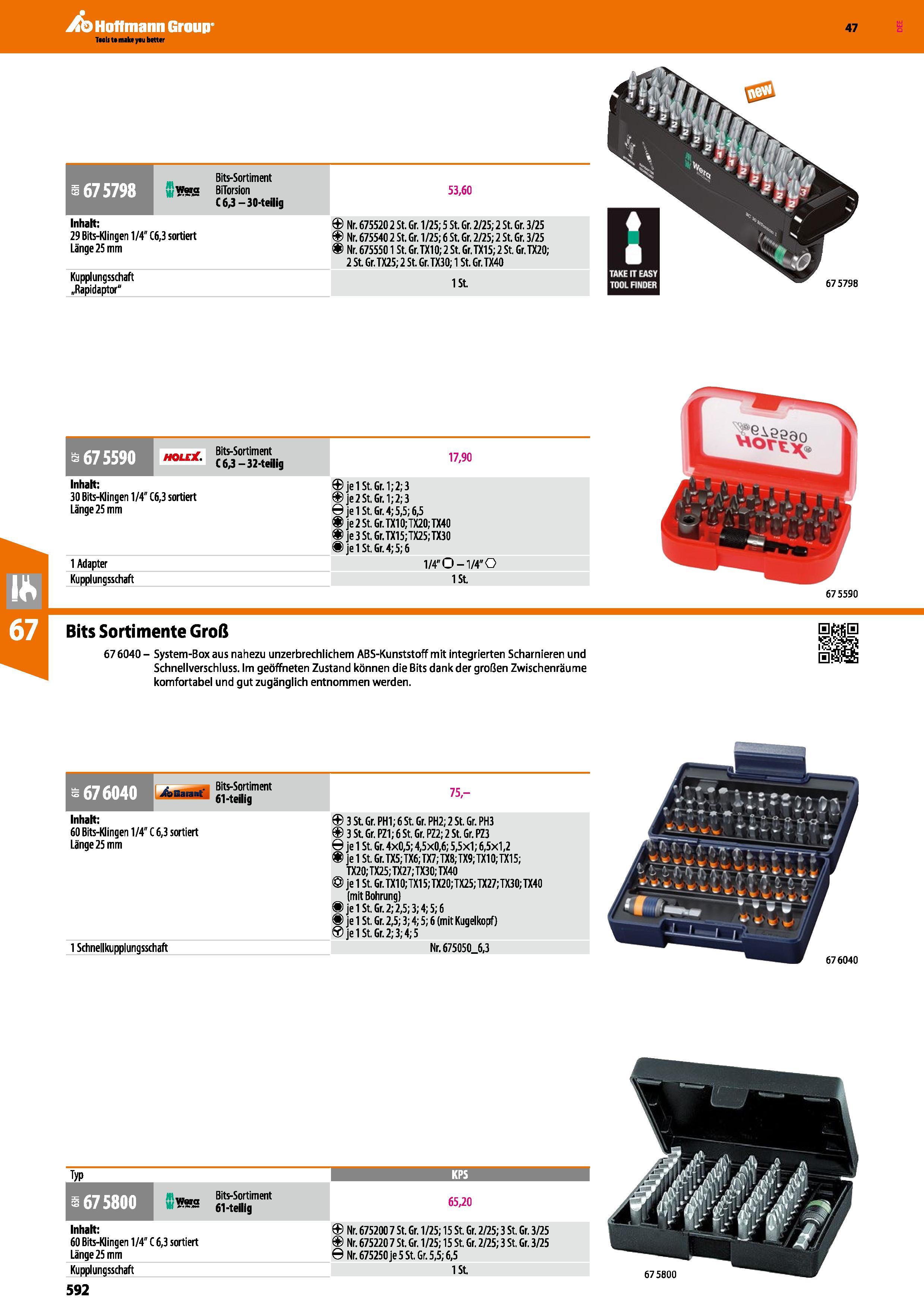 592 Hoffmann Group Bits-Sortiment 1675798 wna BiTorsion 53,60 C6,3 30-teilig Inhalt 29 Bits-Klingen 1/4 C6,3 sortiert Länge 25 mm Kupplungsschaft „Ra Каталог HOFFMANN GROUP 2016 Ручной слесарно-монтажный и контрольно-измерительный инструмент и приборы для предприятий машиностроения и мастерских сервисного обслуживания 47 версия издания Стр. 592 DEU