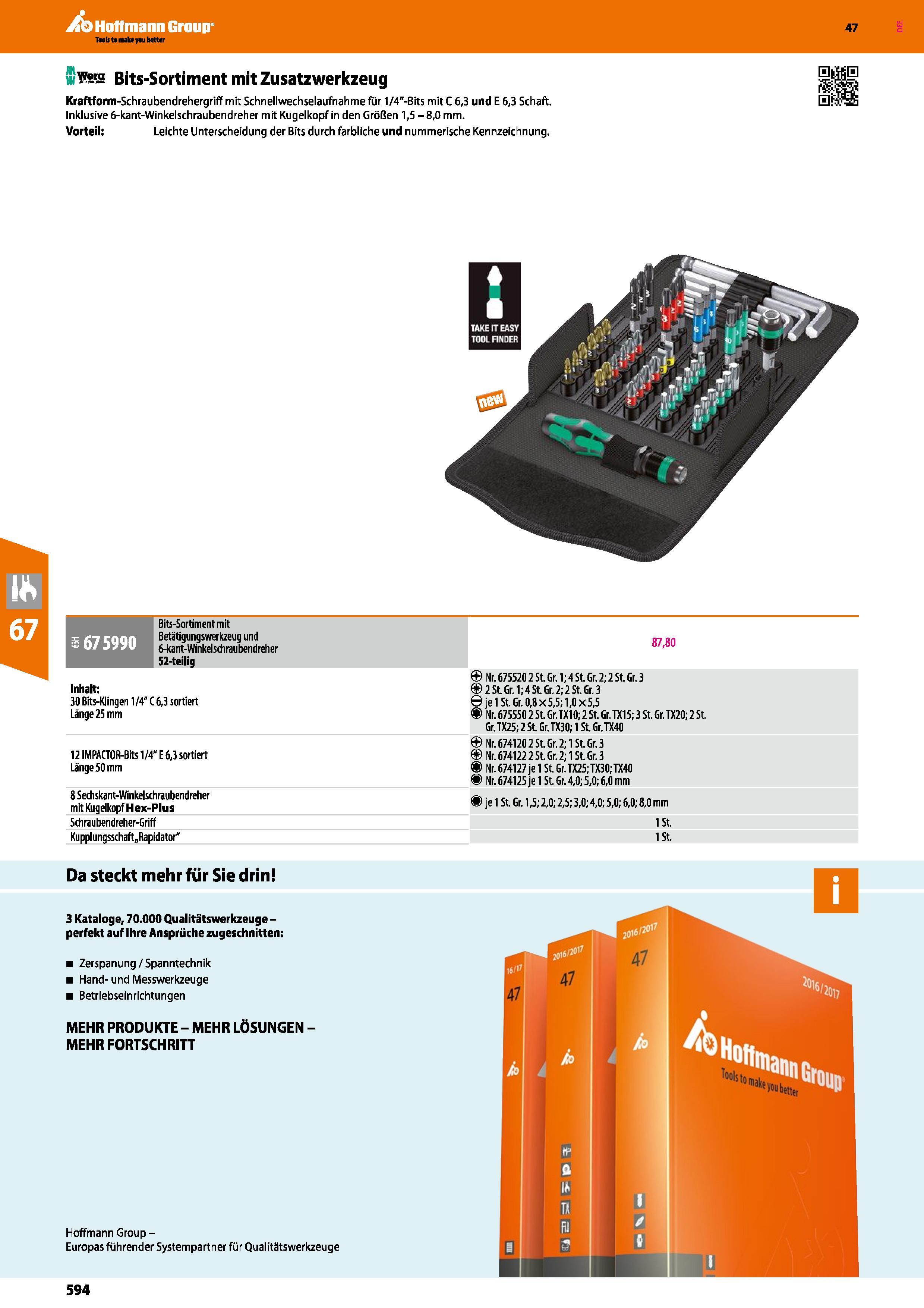 594 Hl WY&S Bits-Sortiment mit Zusatzwerkzeug Kraftform-Schraubendrehergriff mit Schnellwechselaufnahme für 1/4 -Bits mit C 6,3 und E 6,3 Schaft Inkl Каталог HOFFMANN GROUP 2016 Ручной слесарно-монтажный и контрольно-измерительный инструмент и приборы для предприятий машиностроения и мастерских сервисного обслуживания 47 версия издания Стр. 594 DEU