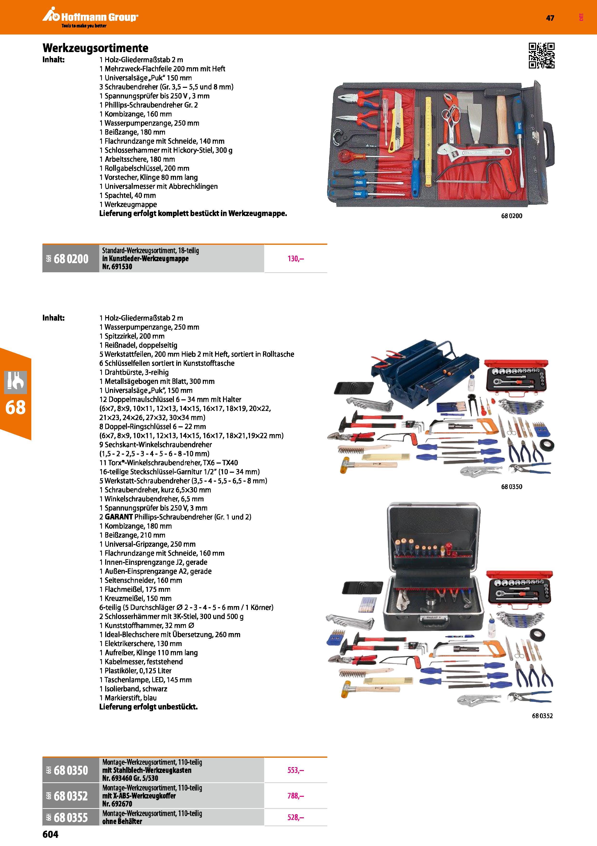 604 Werkzeugsortimente Inhalt 1 Holz-Gliedermaßstab 2 m 1 Mehrzweck-Flachfeile 200 mm mit Heft 1 Universalsäge„Puk 150 mm 3 Schraubendreher (Gr 3,5 - Каталог HOFFMANN GROUP 2016 Ручной слесарно-монтажный и контрольно-измерительный инструмент и приборы для предприятий машиностроения и мастерских сервисного обслуживания 47 версия издания Стр. 604 DEU