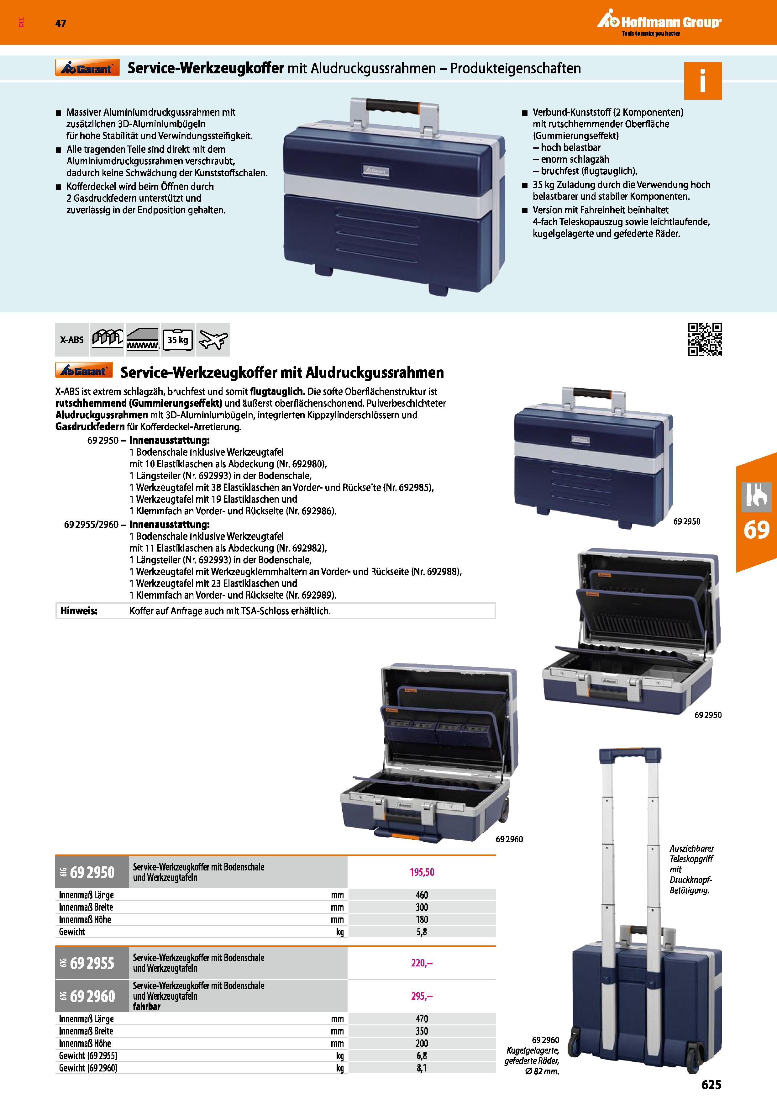 625 Service-Werkzeugkoffer mit Aludruckgussrahmen - Produkteigenschaften Massiver Aluminiumdruckgussrahmen mit zusätzlichen 3D-Aluminiumbügeln für ho Каталог HOFFMANN GROUP 2016 Ручной слесарно-монтажный и контрольно-измерительный инструмент и приборы для предприятий машиностроения и мастерских сервисного обслуживания 47 версия издания Стр. 625 DEU