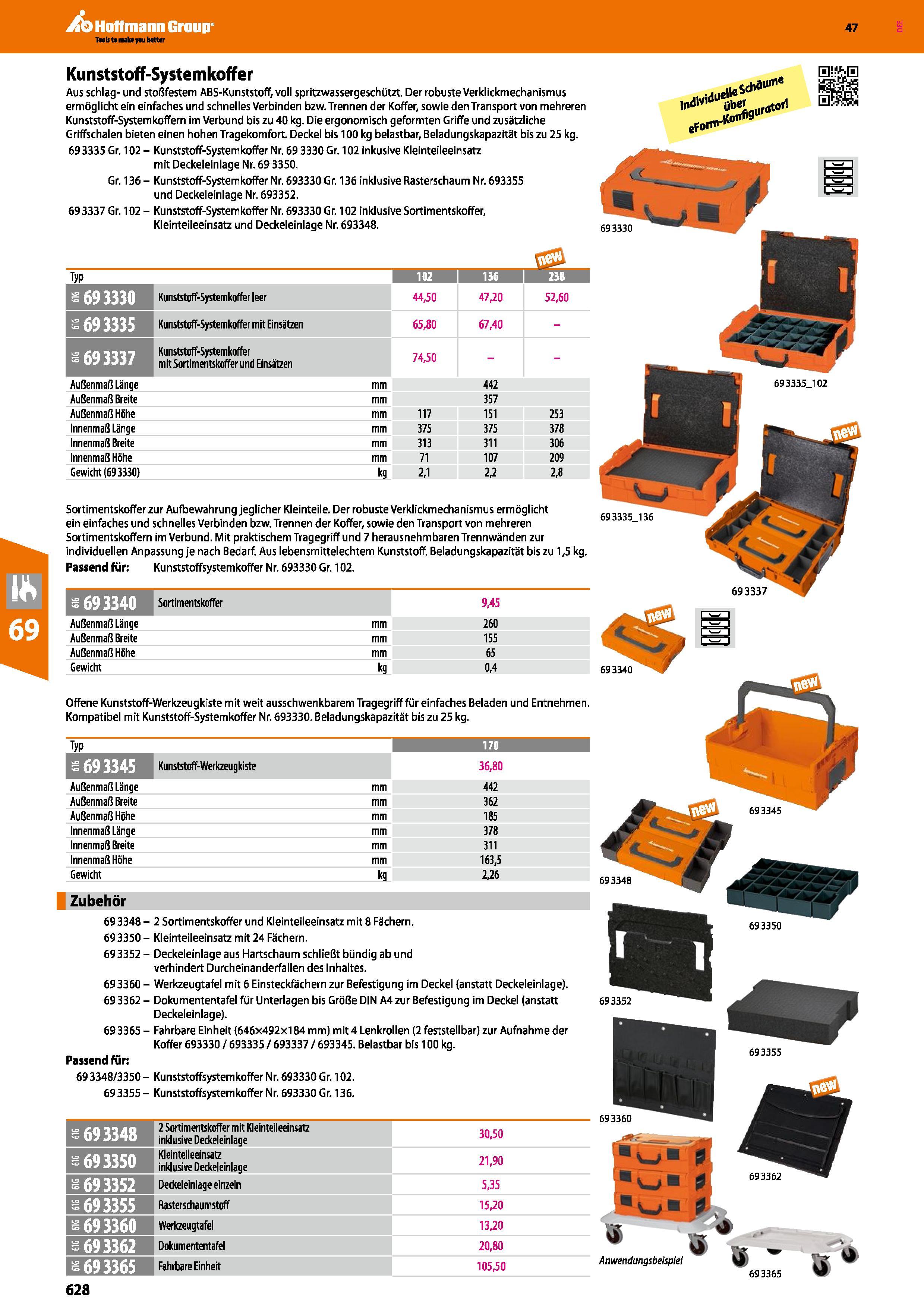 628 Kunststoff-Systemkoffer Aus schlag- und stoßfestem ABS-Kunststoff, voll spritzwassergeschützt Der robuste Verklickmechanismus ermöglicht ein einf Каталог HOFFMANN GROUP 2016 Ручной слесарно-монтажный и контрольно-измерительный инструмент и приборы для предприятий машиностроения и мастерских сервисного обслуживания 47 версия издания Стр. 628 DEU