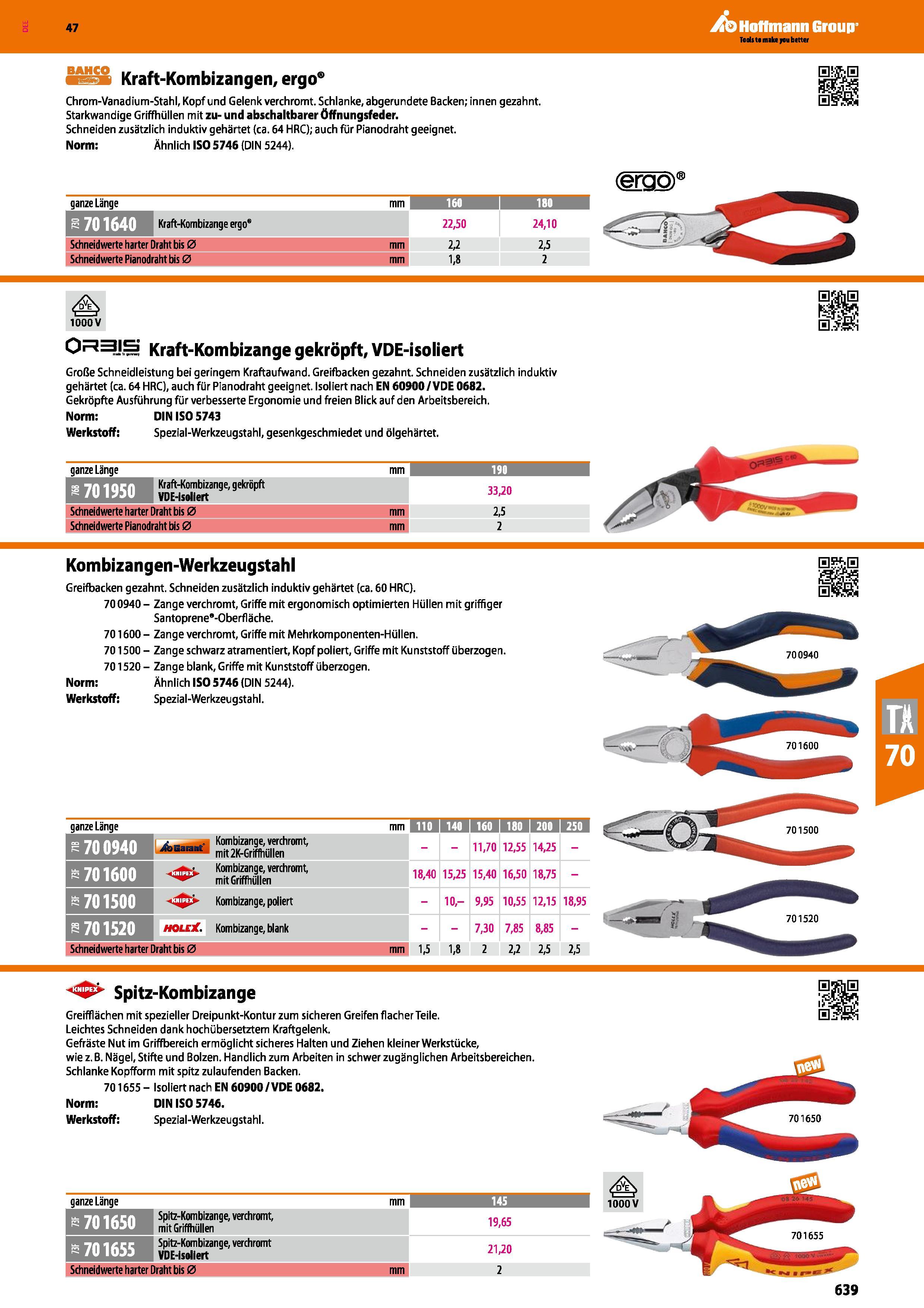 639 BAHCO Kraft-Kombizangen, ergo Chrom-Vanadium-Stahl, Kopf und Gelenk verchromt Schlanke, abgerundete Backen; innen gezahnt Starkwandige Griffhülle Каталог HOFFMANN GROUP 2016 Ручной слесарно-монтажный и контрольно-измерительный инструмент и приборы для предприятий машиностроения и мастерских сервисного обслуживания 47 версия издания Стр. 639 DEU