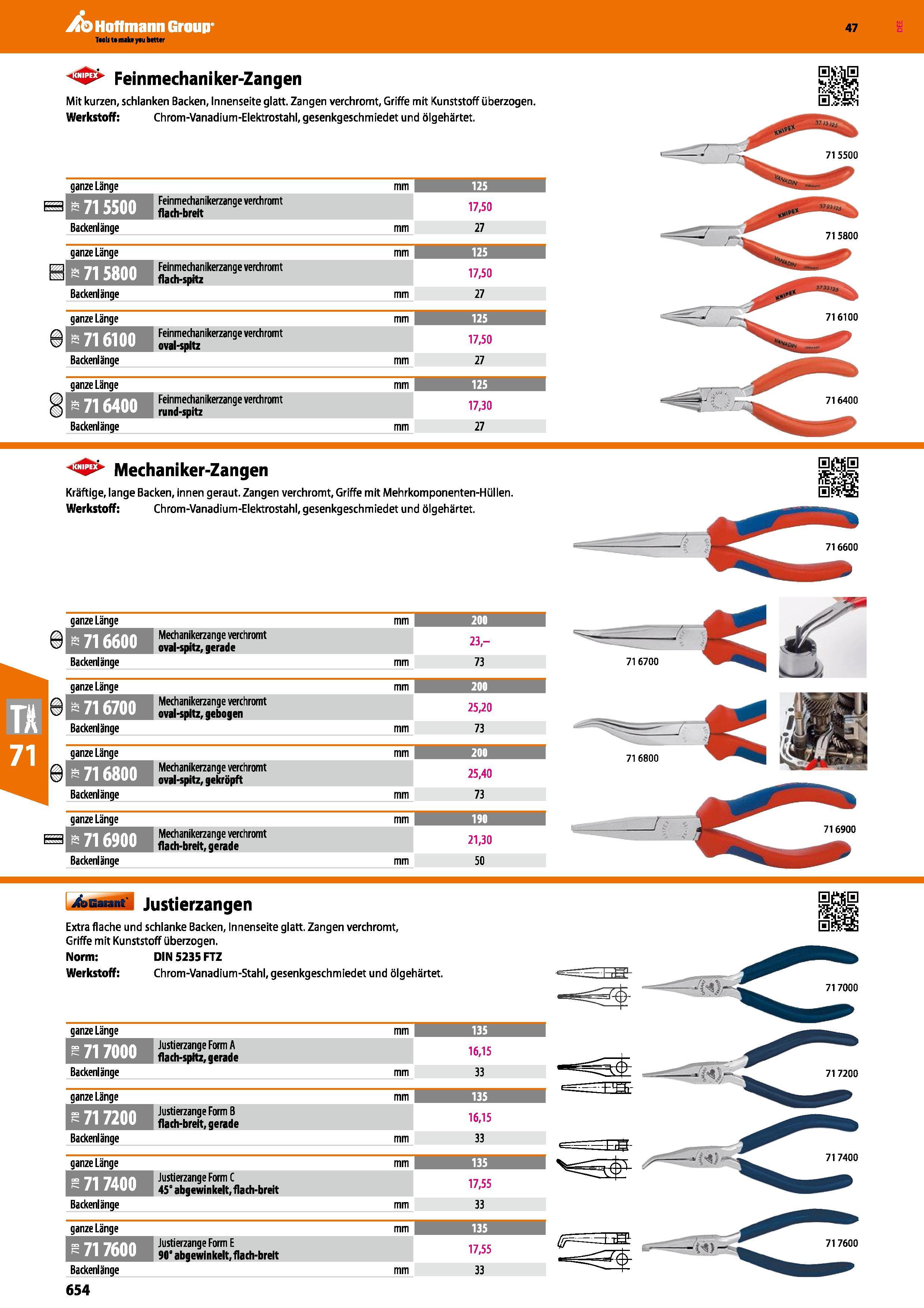 654 Feinmechaniker-Zangen Mit kurzen, schlanken Backen, Innenseite glatt Zangen verchromt Griffe mit Kunststoff überzogen Werkstoff Chrom-Vanadium-El Каталог HOFFMANN GROUP 2016 Ручной слесарно-монтажный и контрольно-измерительный инструмент и приборы для предприятий машиностроения и мастерских сервисного обслуживания 47 версия издания Стр. 654 DEU