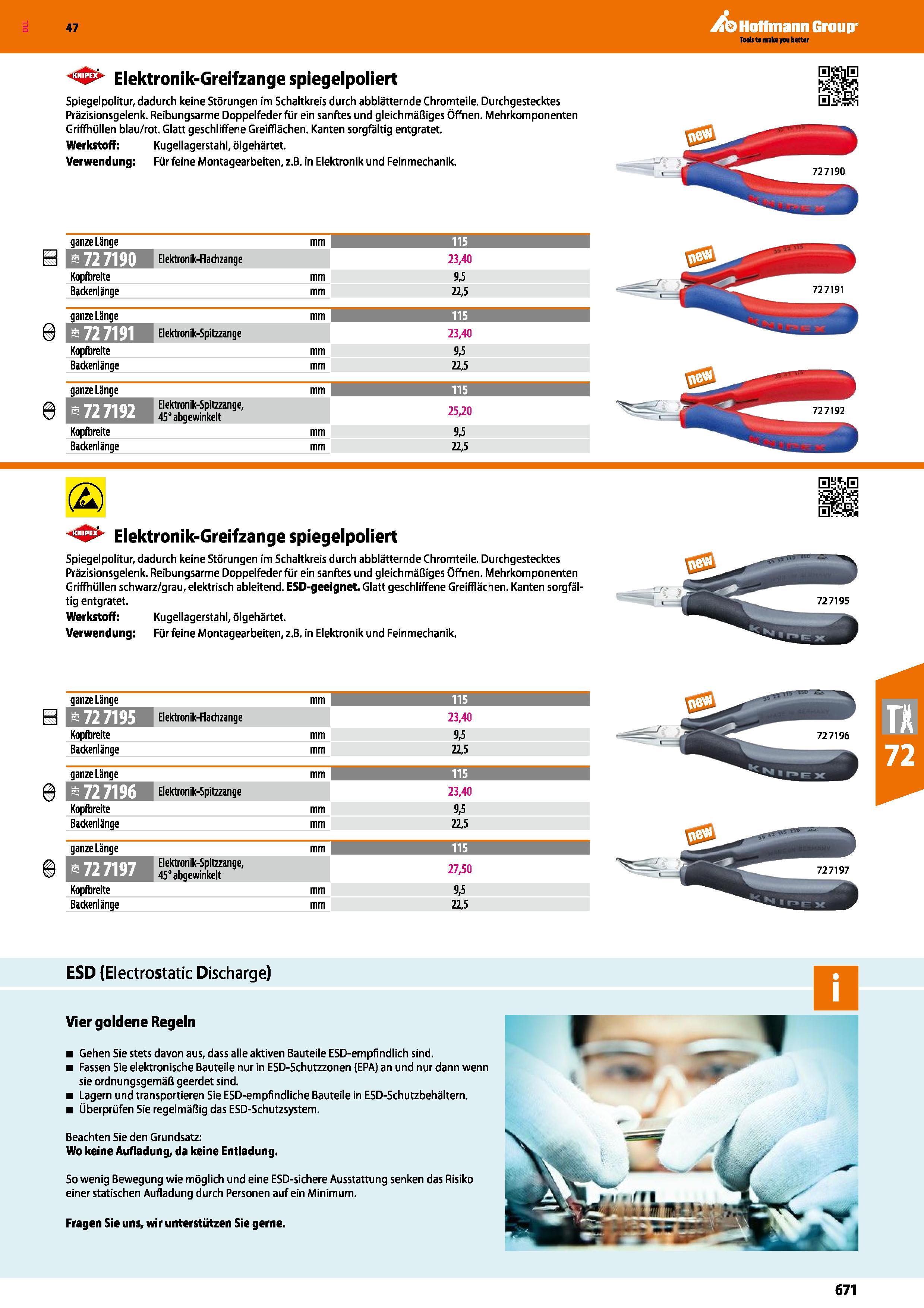 671 Elektronik-Greifzange spiegelpoliert Spiegelpolitur, dadurch keine Störungen im Schaltkreis durch abblätternde Chromteile Durchgestecktes Präzisi Каталог HOFFMANN GROUP 2016 Ручной слесарно-монтажный и контрольно-измерительный инструмент и приборы для предприятий машиностроения и мастерских сервисного обслуживания 47 версия издания Стр. 671 DEU