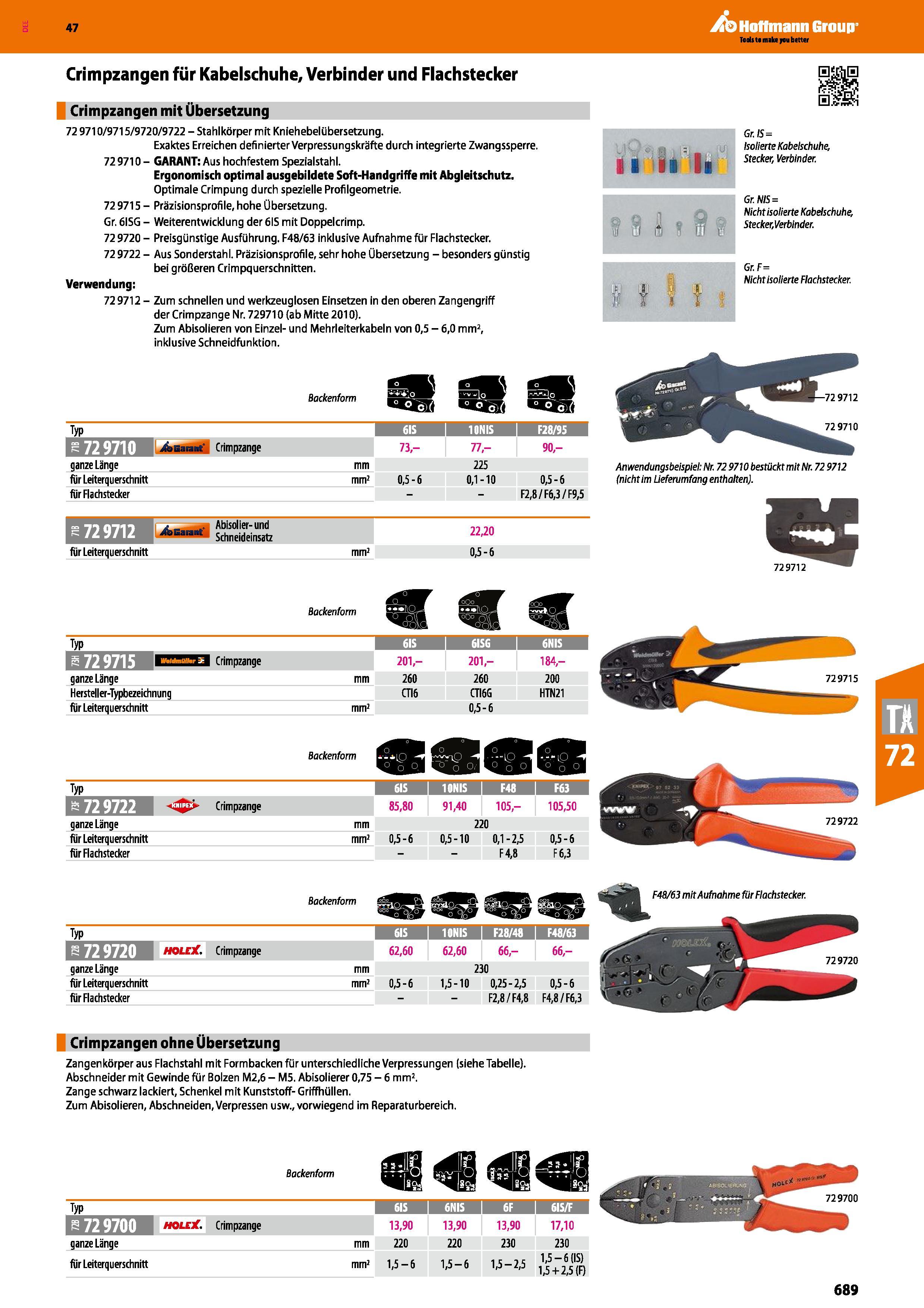689 Crimpzangen für Kabelschuhe, Verbinder und Flachstecker Crimpzangen mit Übersetzung 72 9710/9715/9720/9722 - Stahlkörper mit Kniehebeliibersetzun Каталог HOFFMANN GROUP 2016 Ручной слесарно-монтажный и контрольно-измерительный инструмент и приборы для предприятий машиностроения и мастерских сервисного обслуживания 47 версия издания Стр. 689 DEU