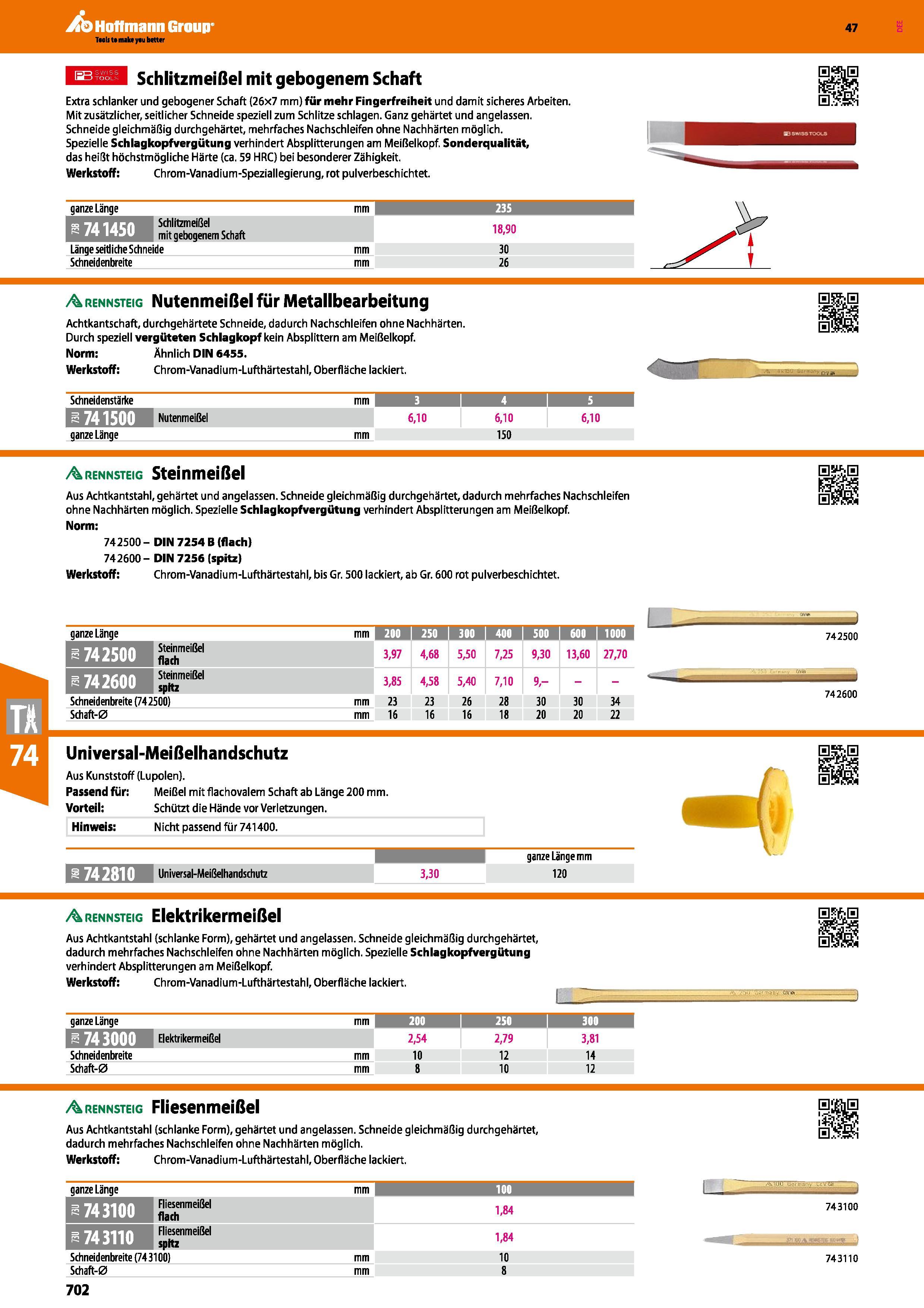 702 Schlitzmeißel mit gebogenem Schaft Extra schlanker und gebogener Schaft (26x7 mm) für mehr Fingerfreiheit und damit sicheres Arbeiten Mit zusätzl Каталог HOFFMANN GROUP 2016 Ручной слесарно-монтажный и контрольно-измерительный инструмент и приборы для предприятий машиностроения и мастерских сервисного обслуживания 47 версия издания Стр. 702 DEU
