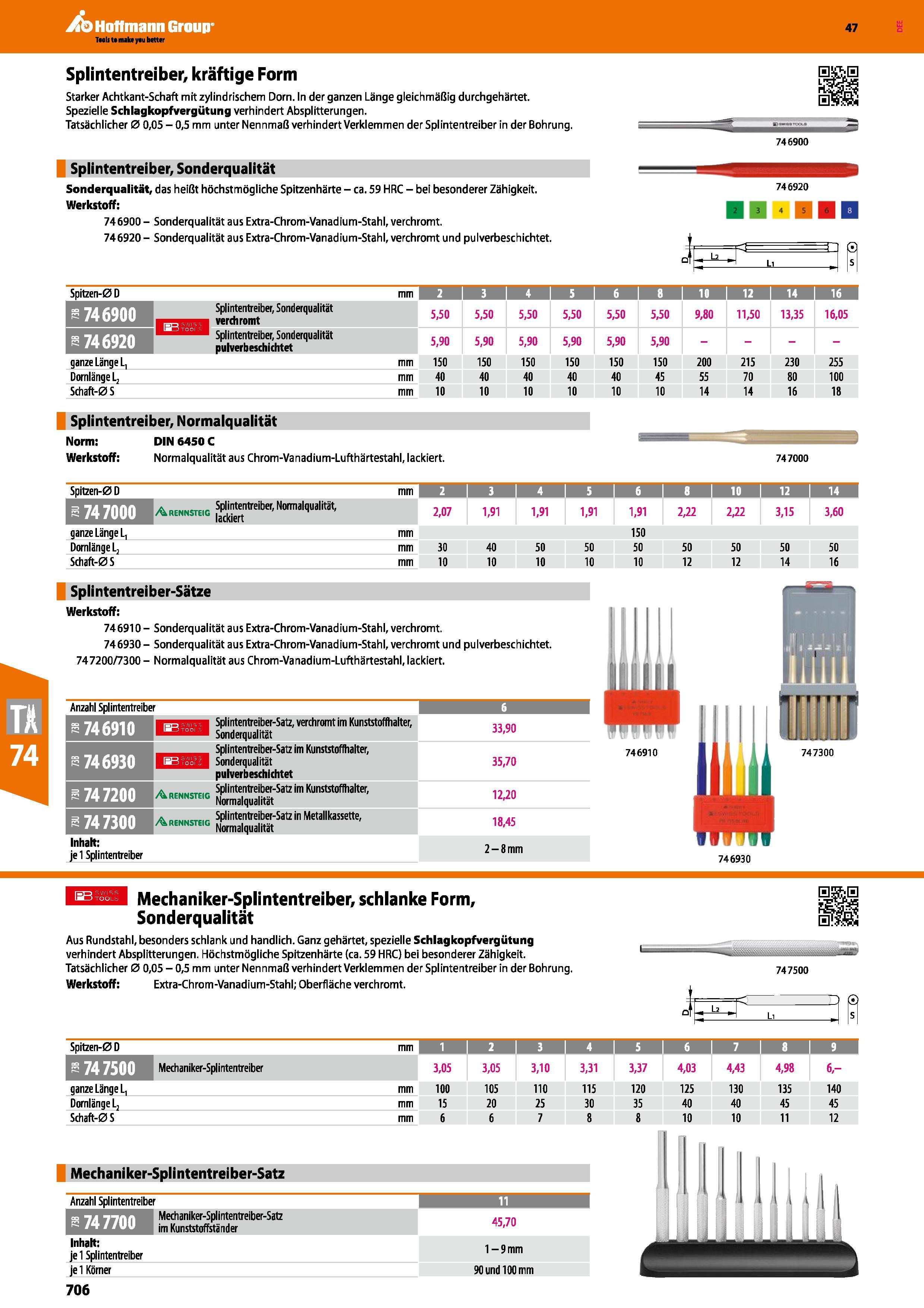 706 Splintentreiber, kräftige Form Starker Achtkant-Schaft mit zylindrischem Dorn In der ganzen Länge gleichmäßig durchgehärtet Spezielle Schlagkopfv Каталог HOFFMANN GROUP 2016 Ручной слесарно-монтажный и контрольно-измерительный инструмент и приборы для предприятий машиностроения и мастерских сервисного обслуживания 47 версия издания Стр. 706 DEU