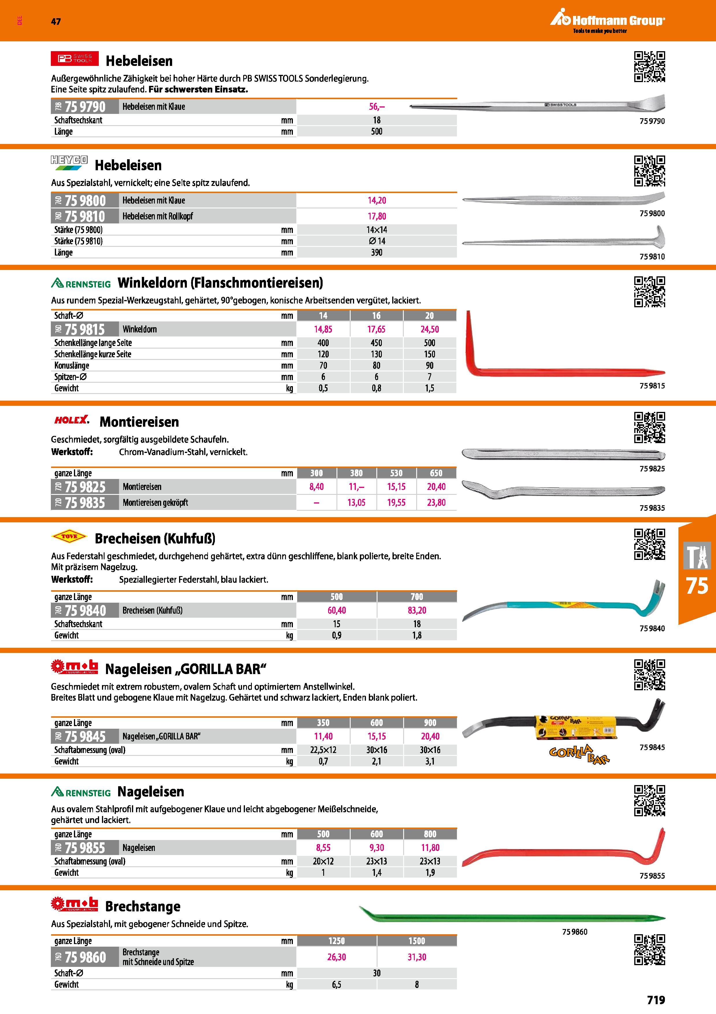 719 Hebeleisen Außergewöhnliche Zähigkeit bei hoher Härte durch PB SWISS TOOLS Sonderlegierung Eine Seite spitz zulaufend Für schwersten Einsatz 75 9 Каталог HOFFMANN GROUP 2016 Ручной слесарно-монтажный и контрольно-измерительный инструмент и приборы для предприятий машиностроения и мастерских сервисного обслуживания 47 версия издания Стр. 719 DEU