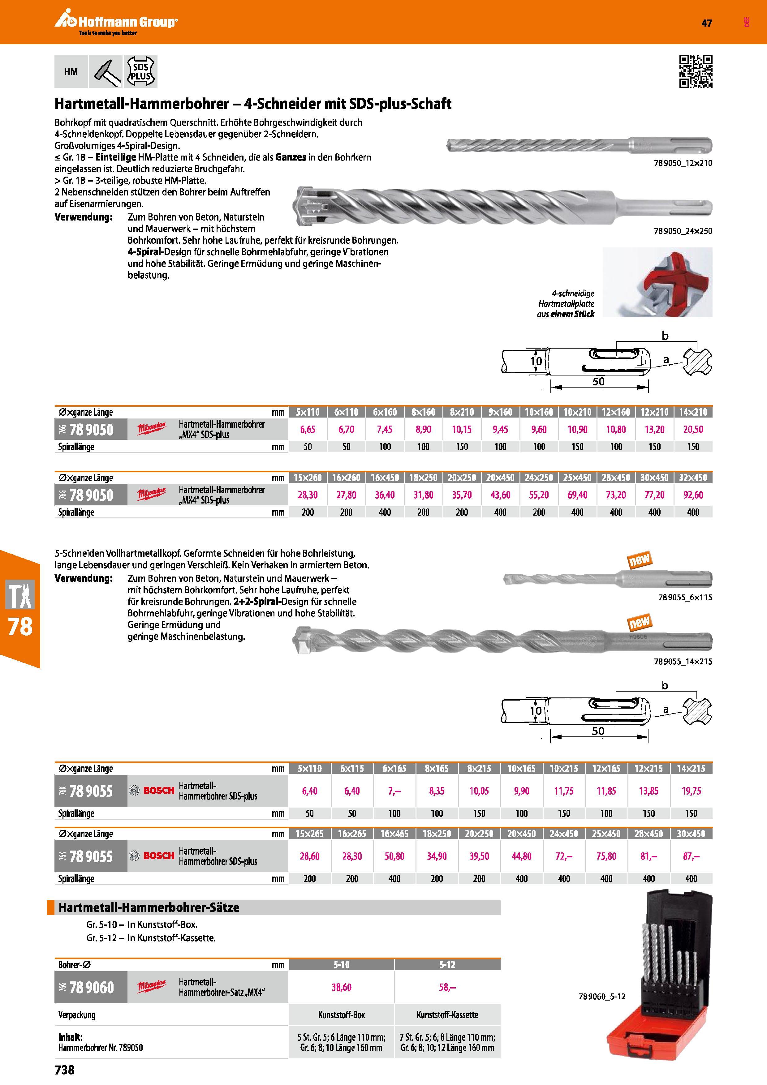 738 HM Hartmetall-Hammerbohrer - 4-Schneider mit SDS-plus-Schaft Bohrkopf mit quadratischem Querschnitt Erhöhte Bohrgeschwindigkeit durch 4-Schneiden Каталог HOFFMANN GROUP 2016 Ручной слесарно-монтажный и контрольно-измерительный инструмент и приборы для предприятий машиностроения и мастерских сервисного обслуживания 47 версия издания Стр. 738 DEU