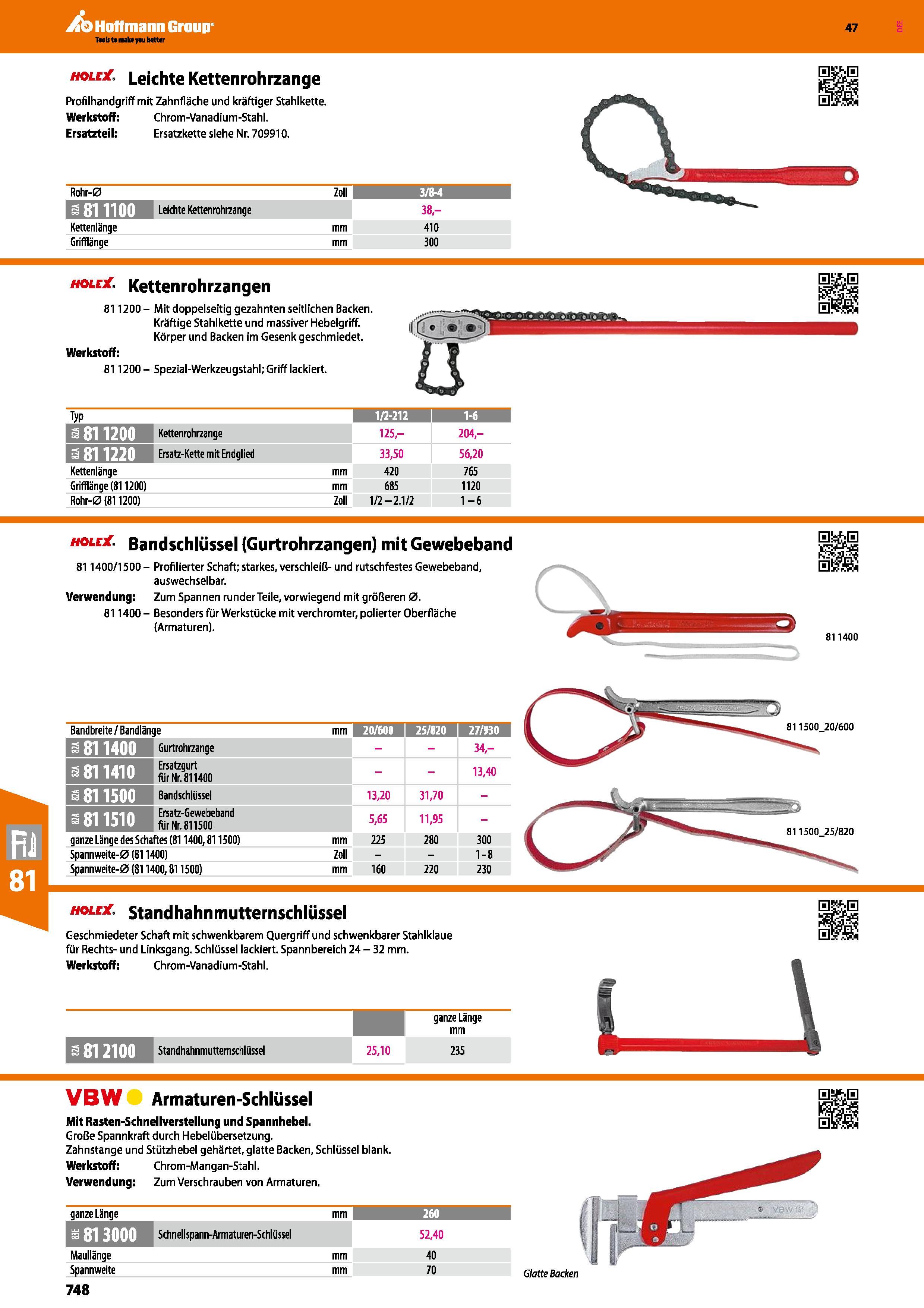 748 hole Leichte Kettenrohrzange Profilhandgriff mit Zahnfläche und kräftiger Stahlkette Werkstoff Chrom-Vanadium-Stahl Ersatzteil Ersatzkette siehe Каталог HOFFMANN GROUP 2016 Ручной слесарно-монтажный и контрольно-измерительный инструмент и приборы для предприятий машиностроения и мастерских сервисного обслуживания 47 версия издания Стр. 748 DEU