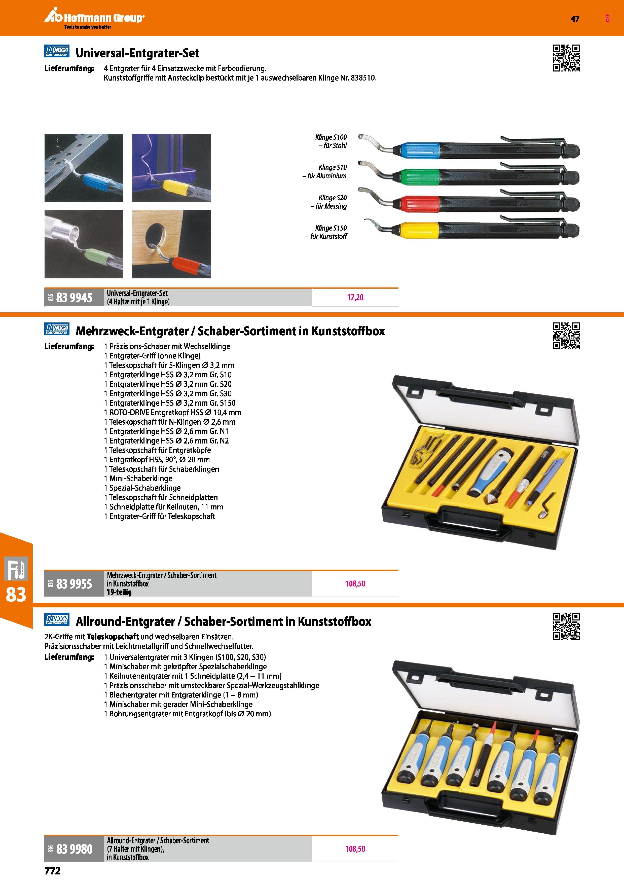 772 Universal-Entgrater-Set Lieferumfang 4 Entgräter für 4 Einsatzzwecke mit Farbcodierung Kunststoffgriffe mit Ansteckdip bestückt mit je 1 auswechs Каталог HOFFMANN GROUP 2016 Ручной слесарно-монтажный и контрольно-измерительный инструмент и приборы для предприятий машиностроения и мастерских сервисного обслуживания 47 версия издания Стр. 772 DEU